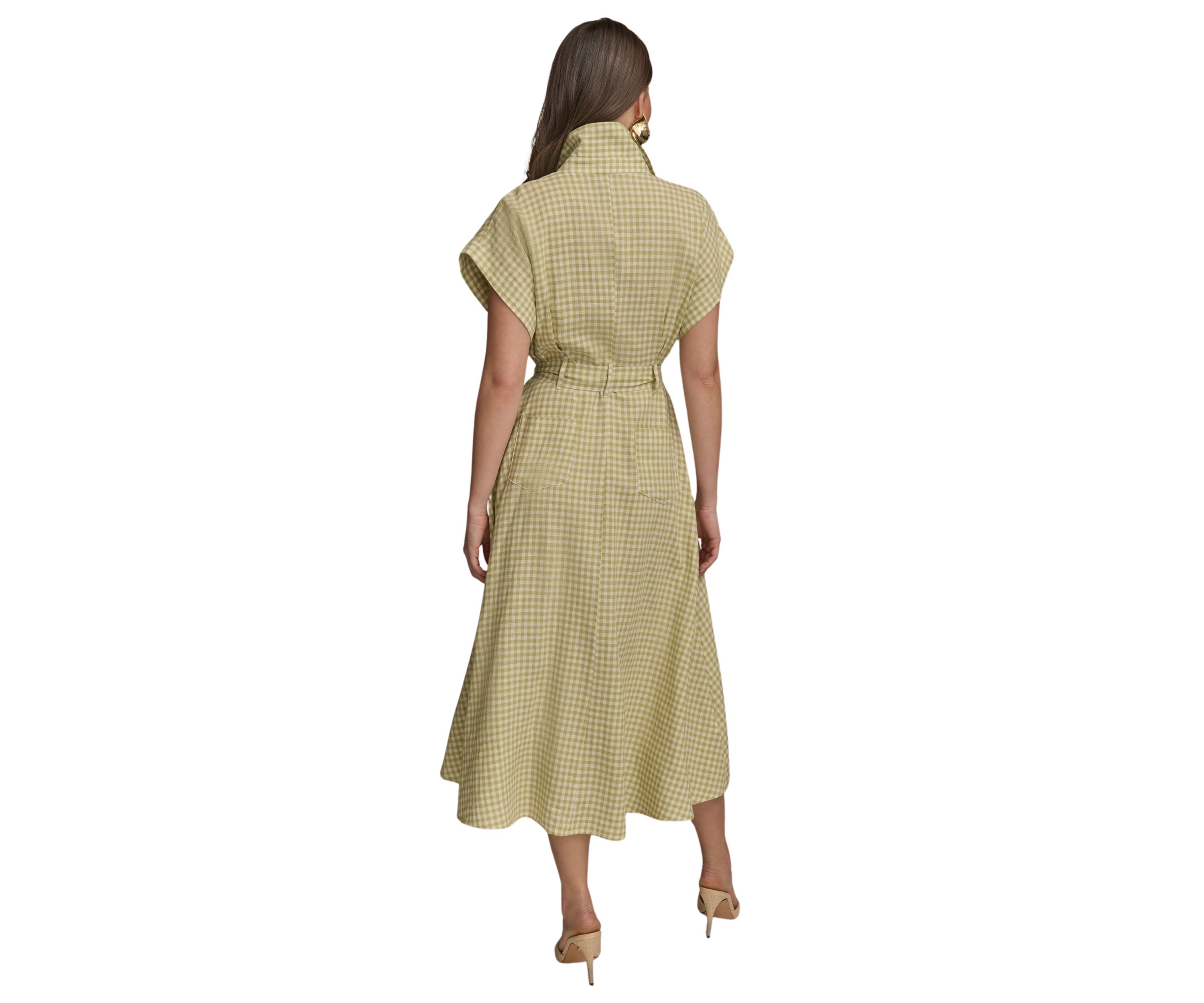 Womens Short Sleeve Collar Gingham Print Fit and Flare Dress