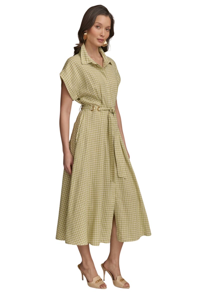 Womens Short Sleeve Collar Gingham Print Fit and Flare Dress