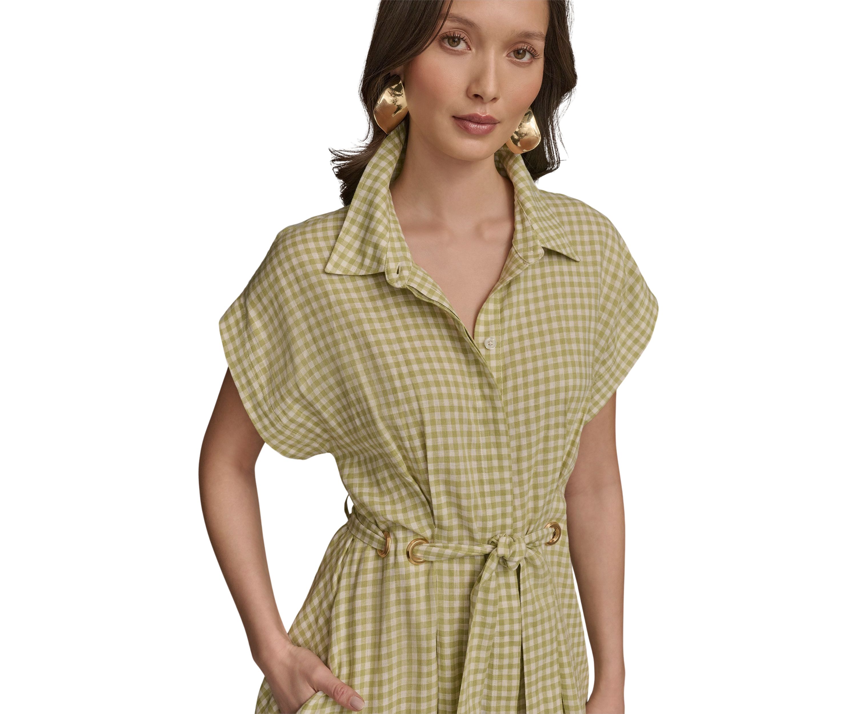 Womens Short Sleeve Collar Gingham Print Fit and Flare Dress