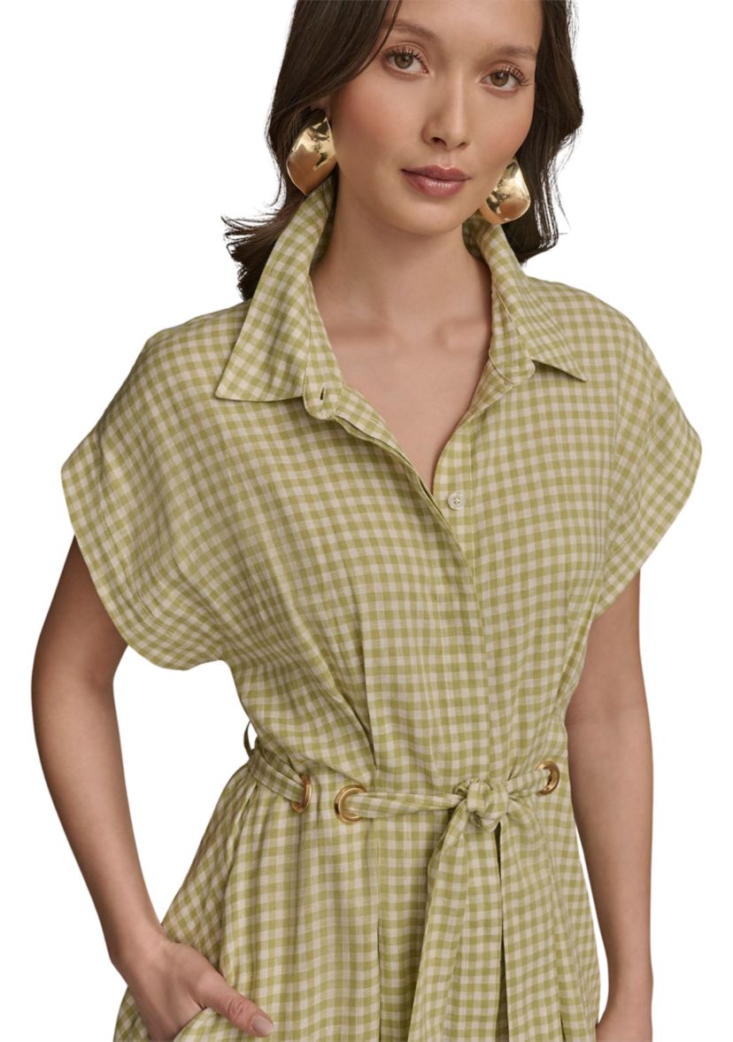 Womens Short Sleeve Collar Gingham Print Fit and Flare Dress