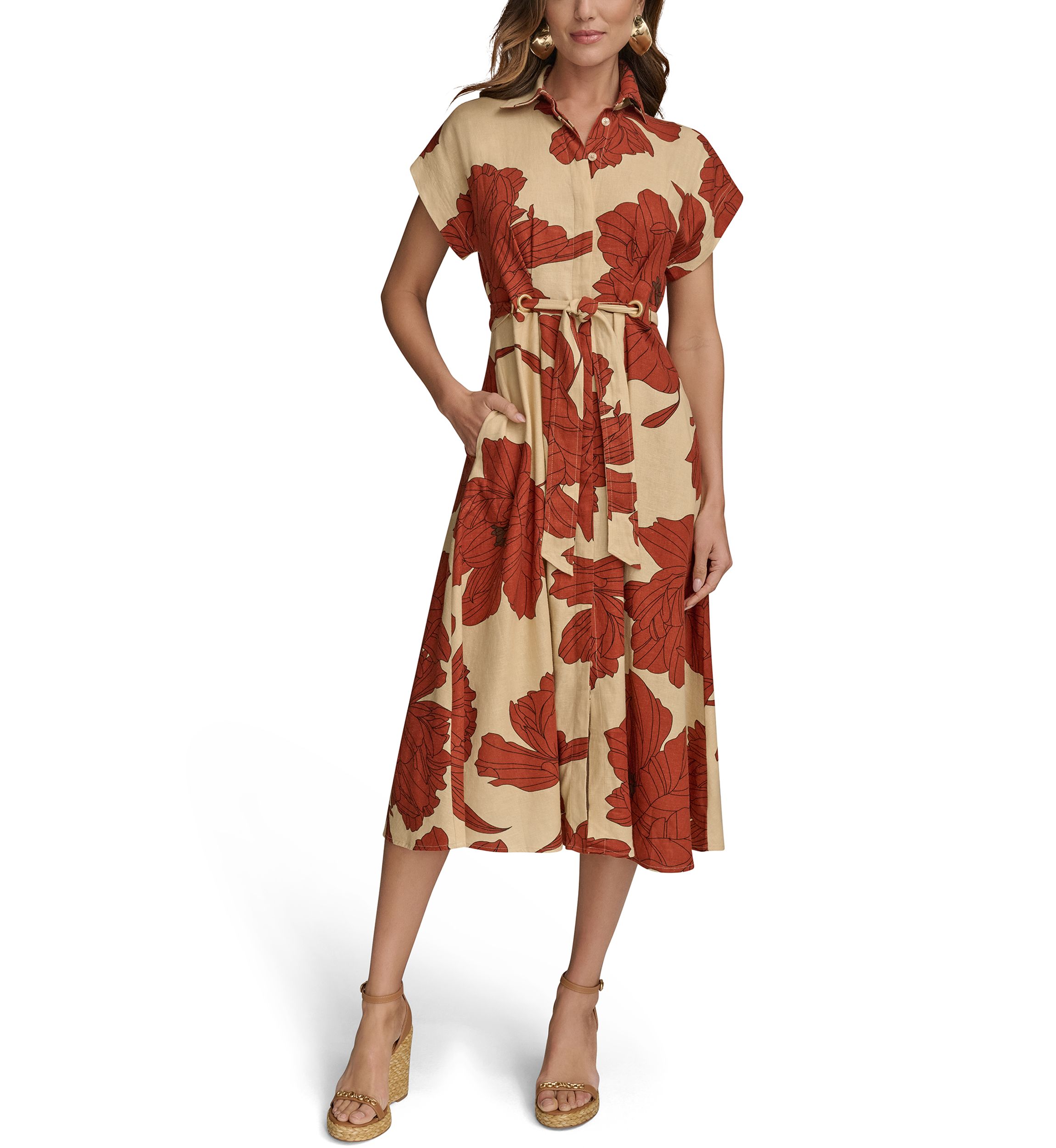 Womens Short Sleeve Collar Neck Floral Print Midi Dress