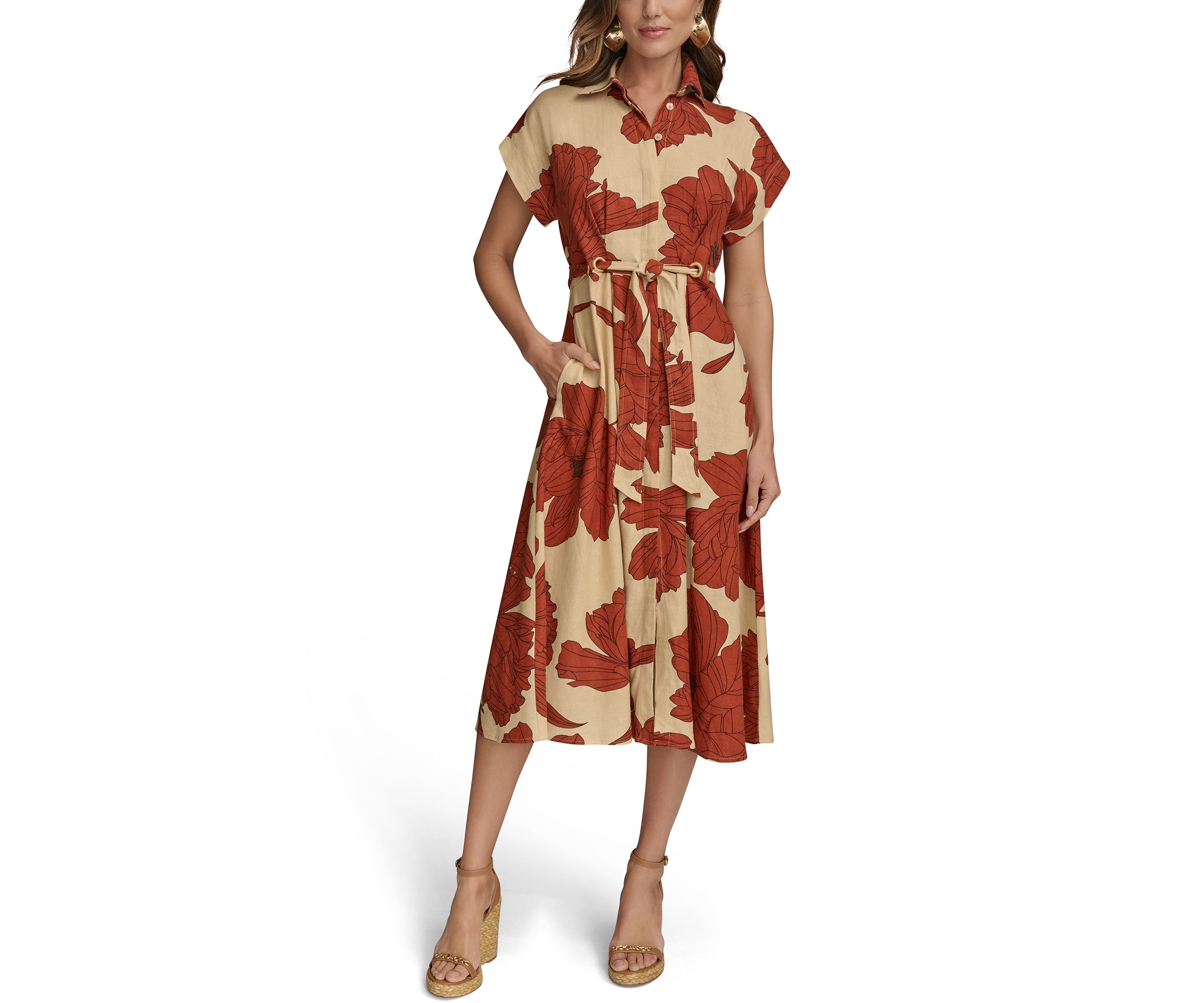 Womens Short Sleeve Collar Neck Floral Print Midi Dress