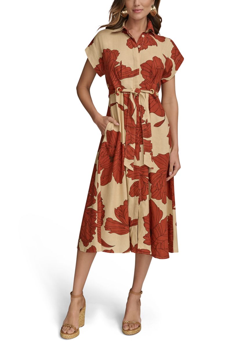 Womens Short Sleeve Collar Neck Floral Print Midi Dress