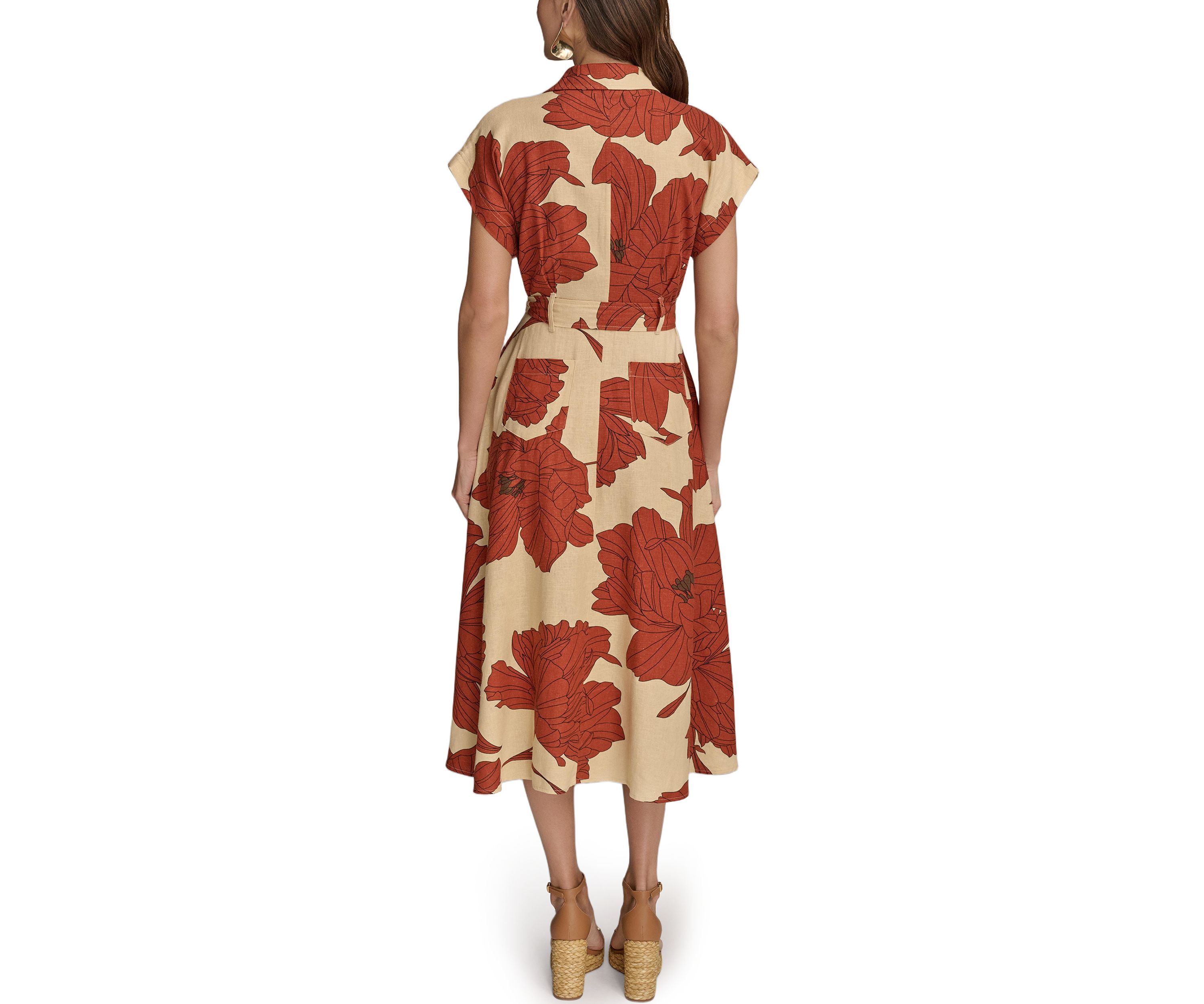 Womens Short Sleeve Collar Neck Floral Print Midi Dress