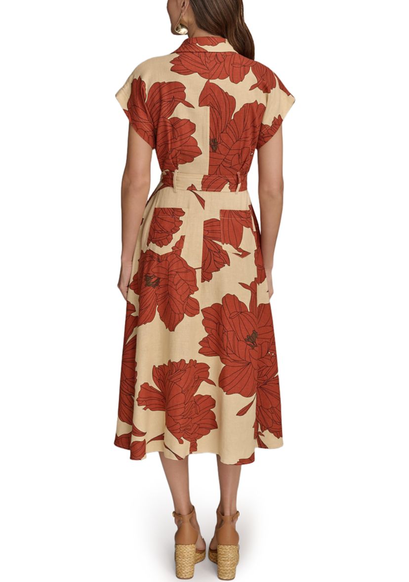 Womens Short Sleeve Collar Neck Floral Print Midi Dress