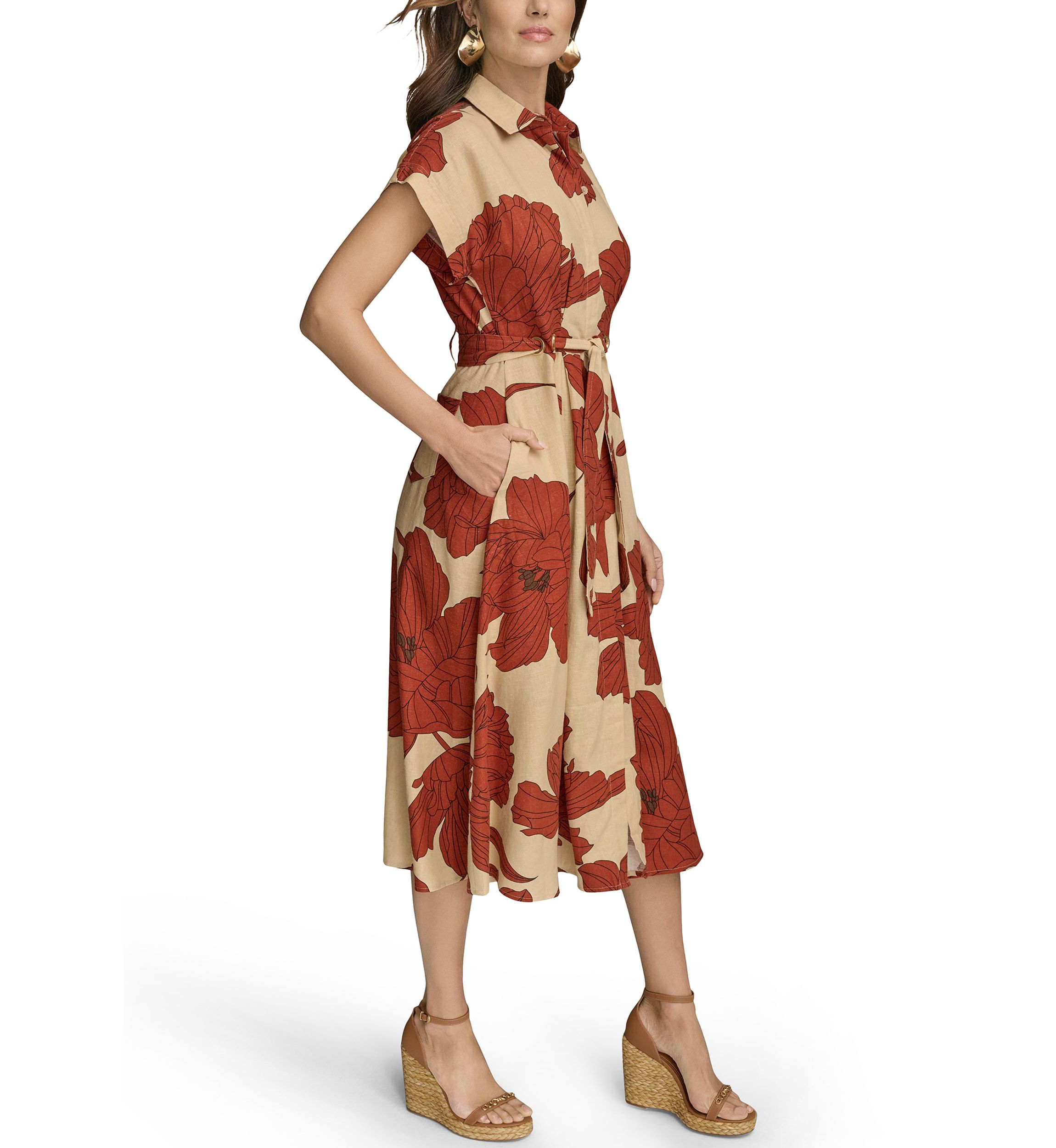 Womens Short Sleeve Collar Neck Floral Print Midi Dress