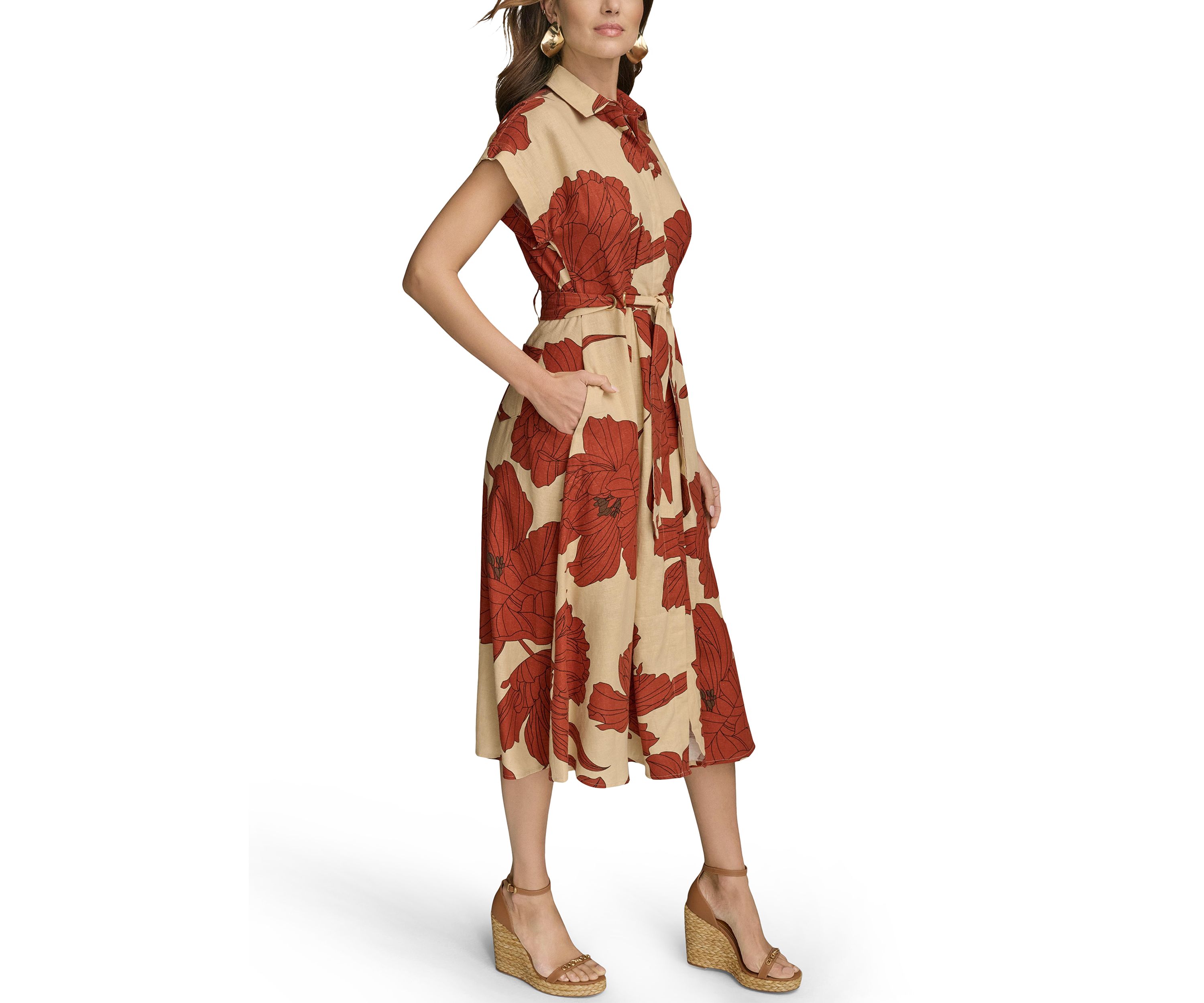 Womens Short Sleeve Collar Neck Floral Print Midi Dress