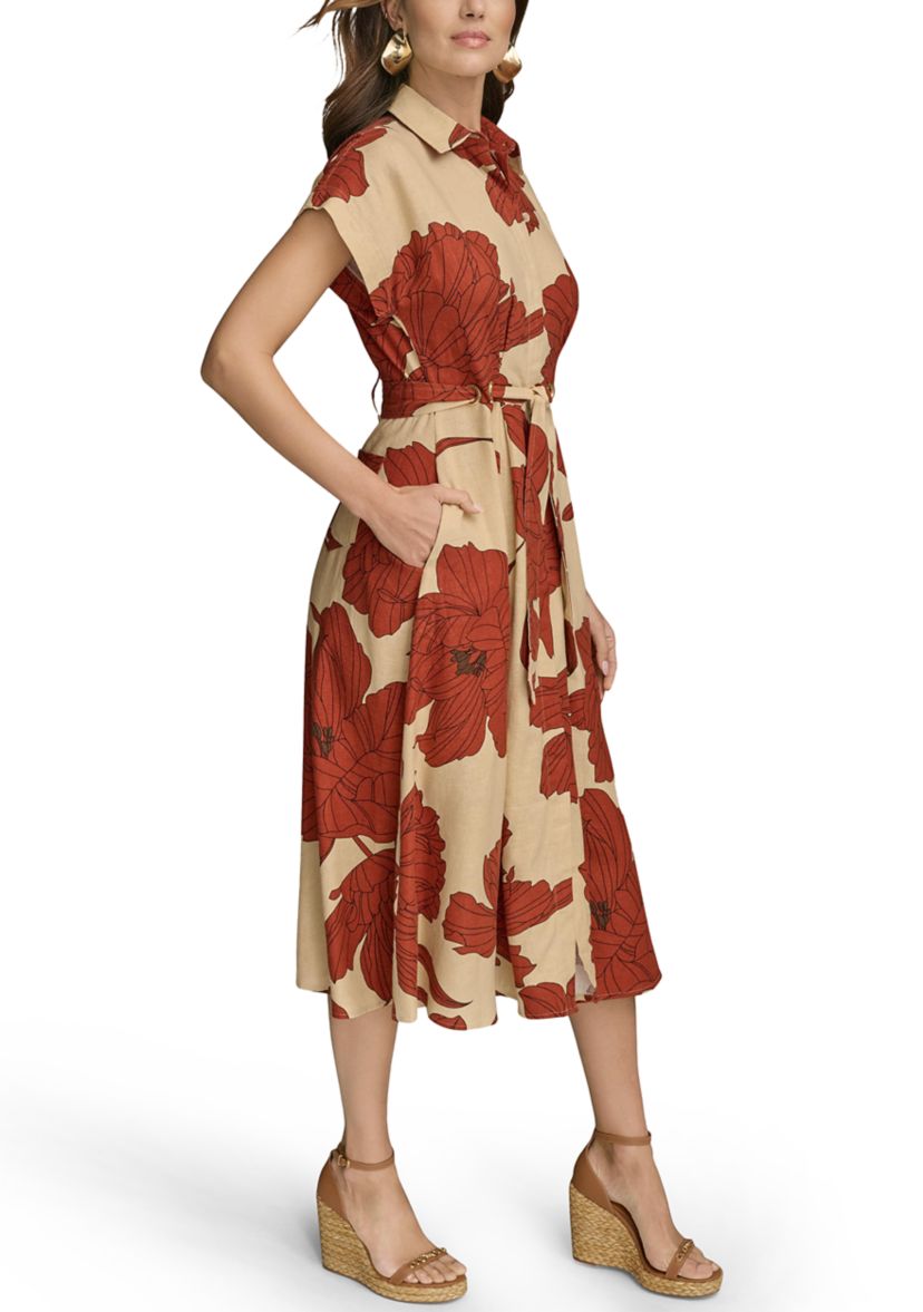 Womens Short Sleeve Collar Neck Floral Print Midi Dress