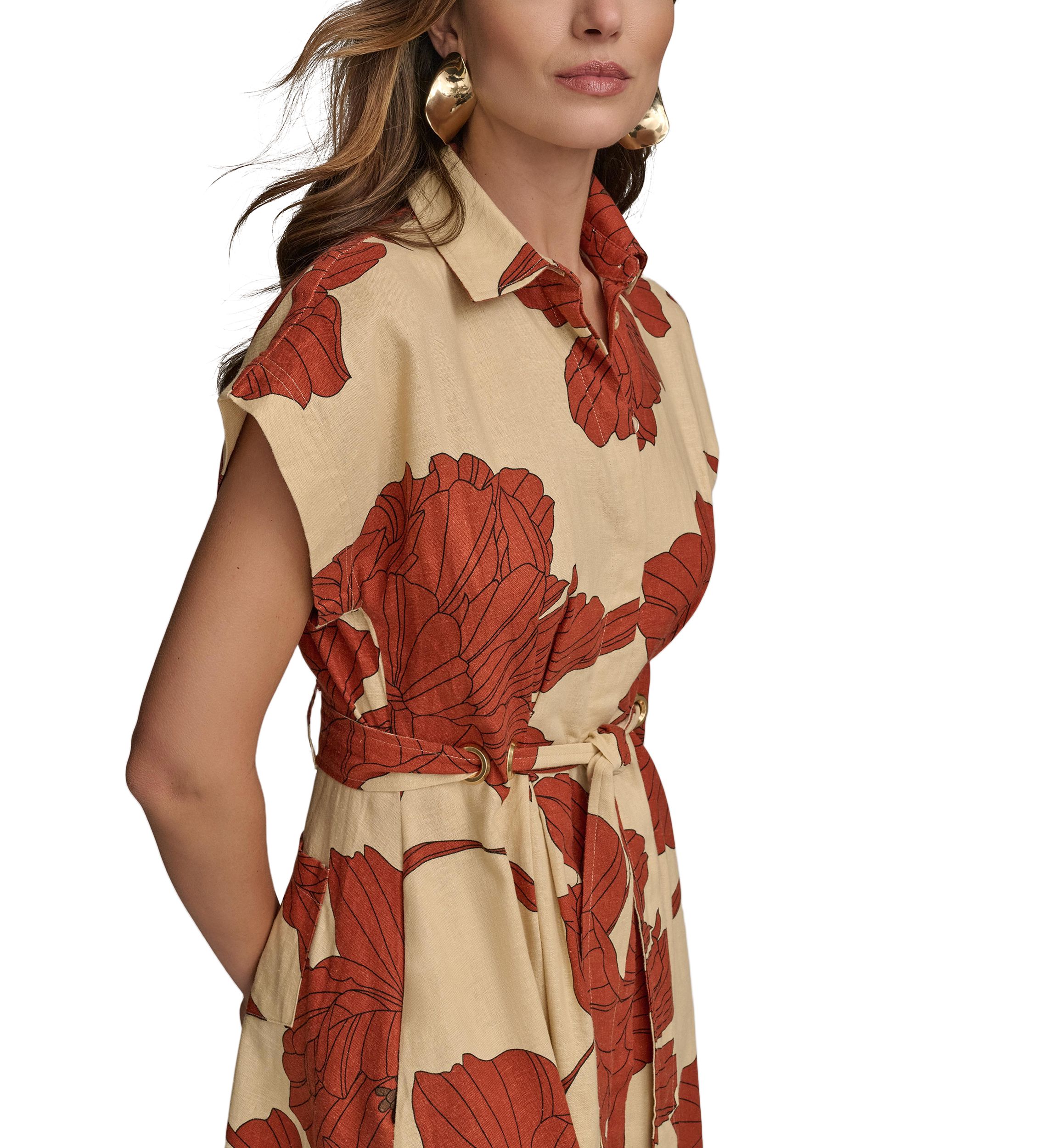 Womens Short Sleeve Collar Neck Floral Print Midi Dress