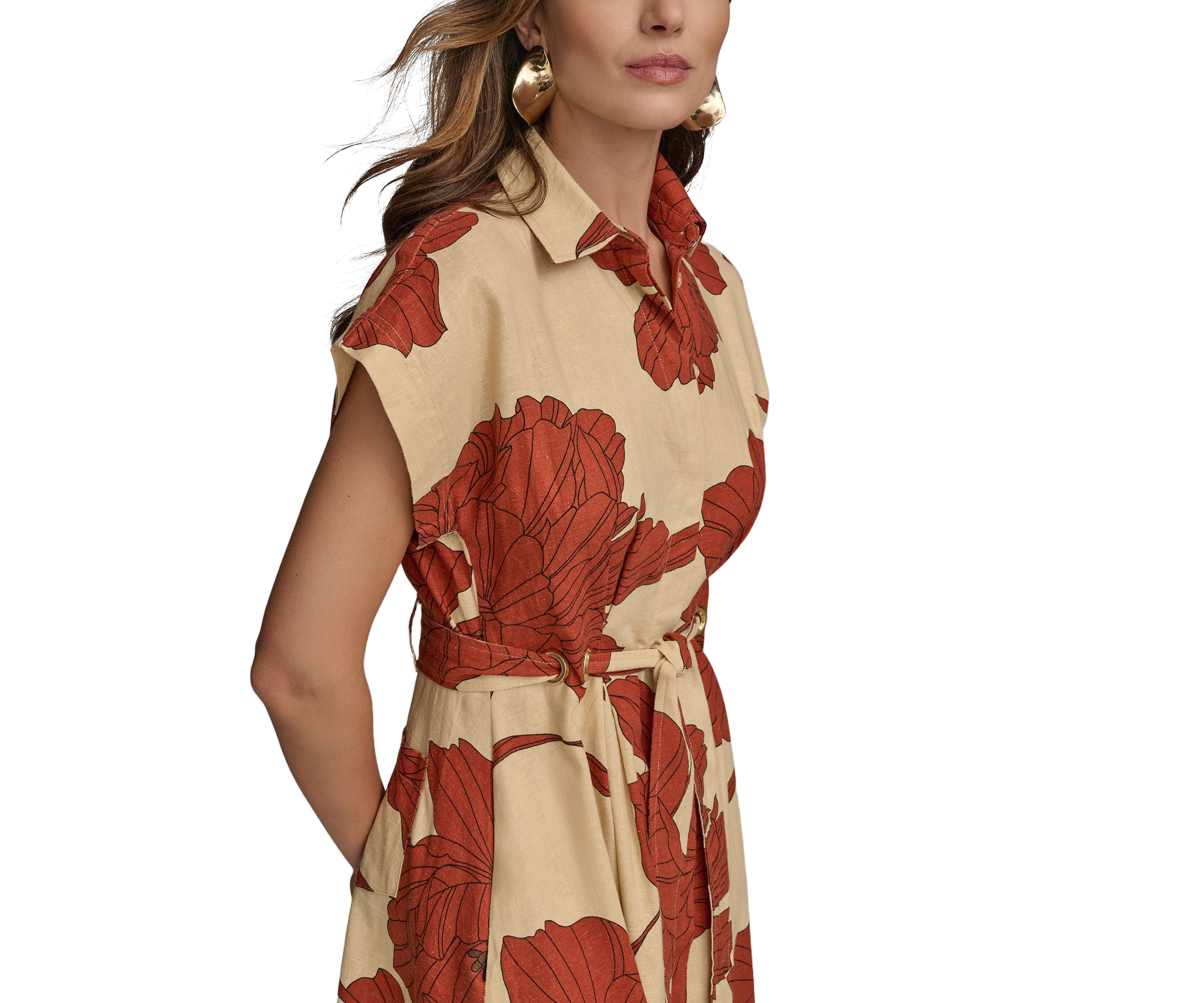 Womens Short Sleeve Collar Neck Floral Print Midi Dress