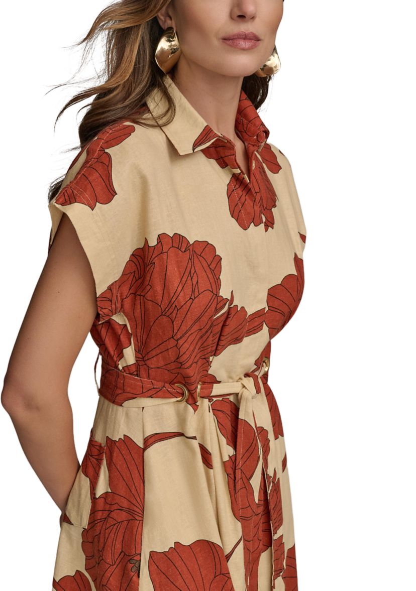 Womens Short Sleeve Collar Neck Floral Print Midi Dress