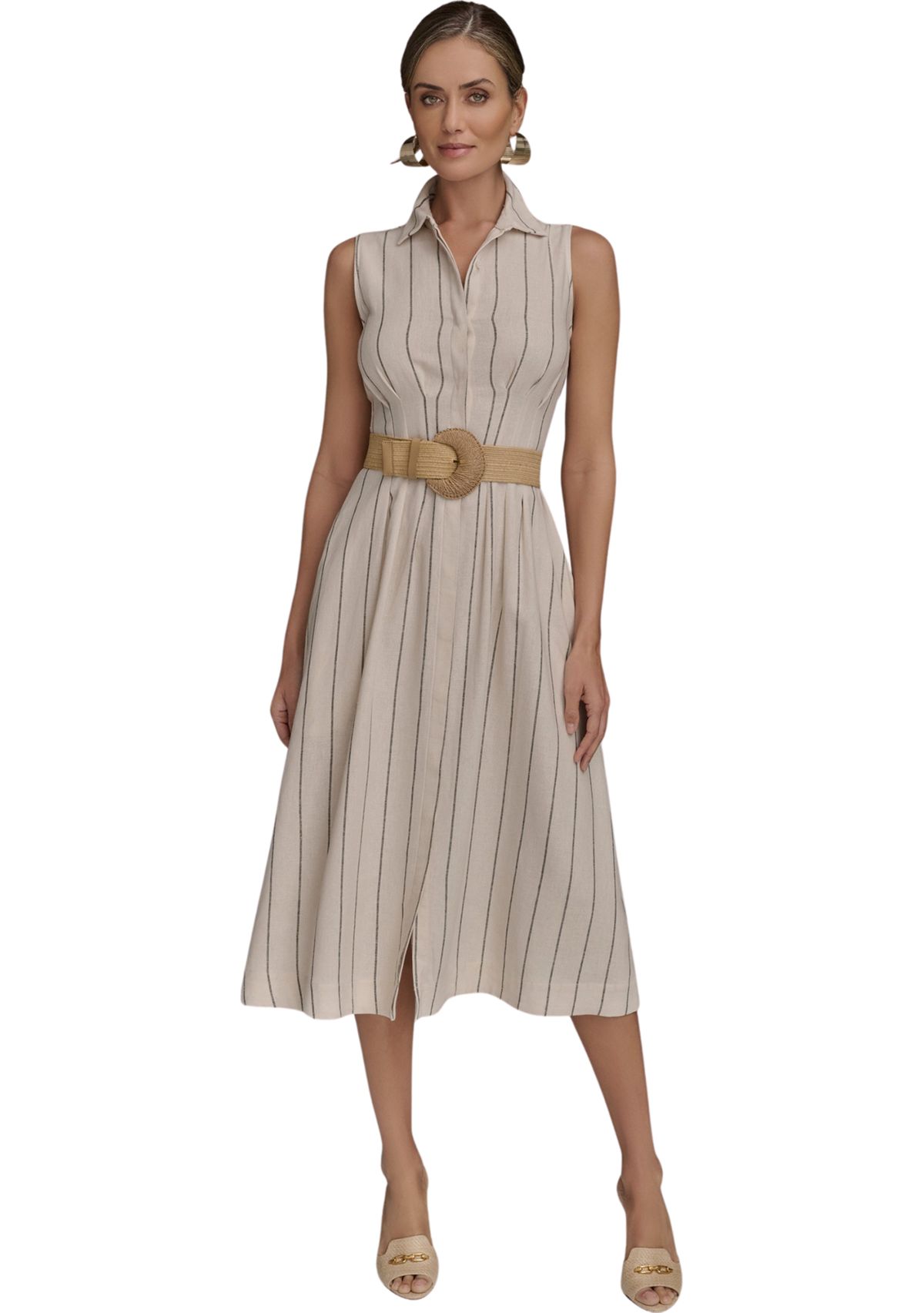 Womens Sleeveless Collar Neck Stripe Print Midi Dress