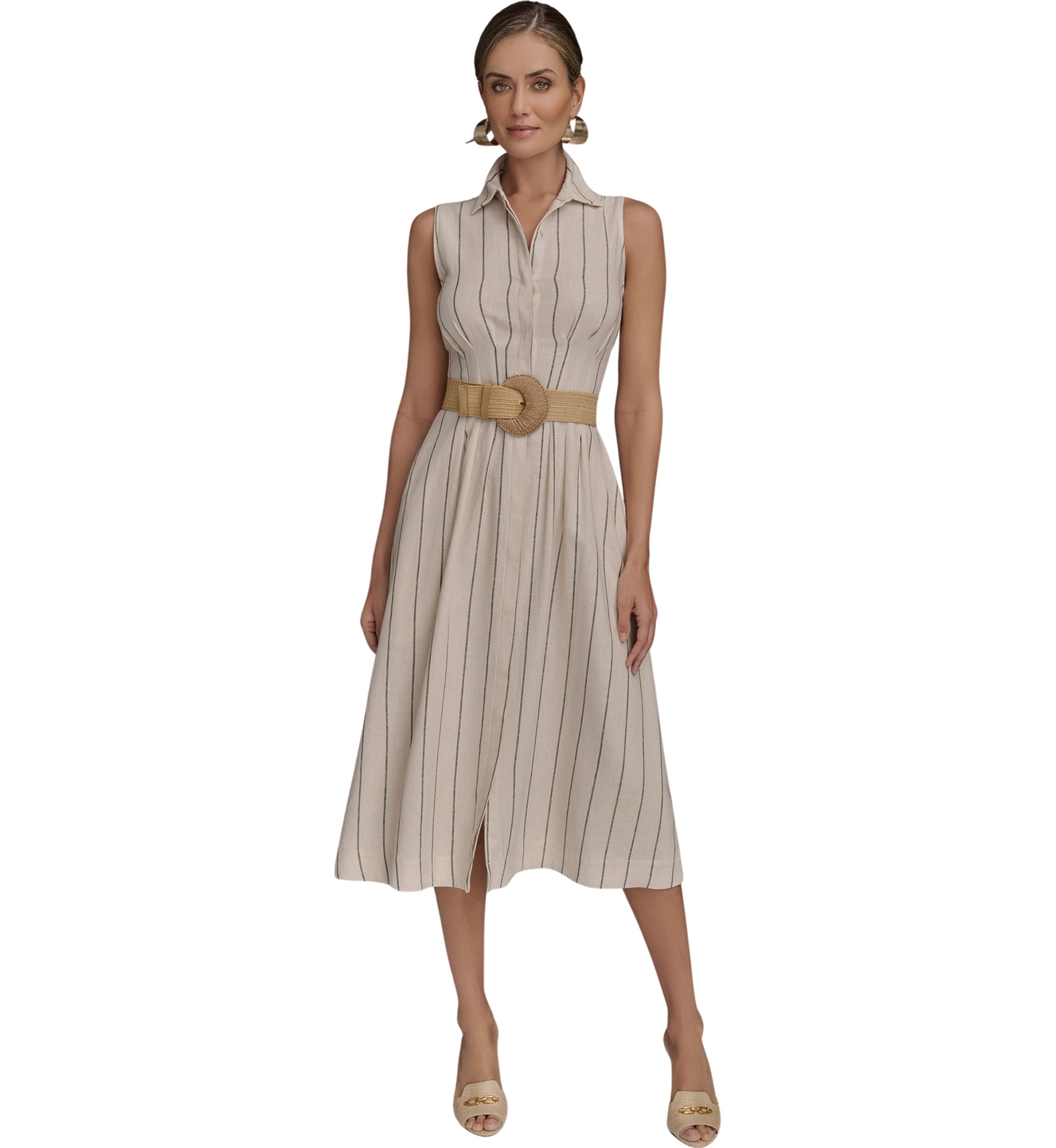 Womens Sleeveless Collar Neck Stripe Print Midi Dress