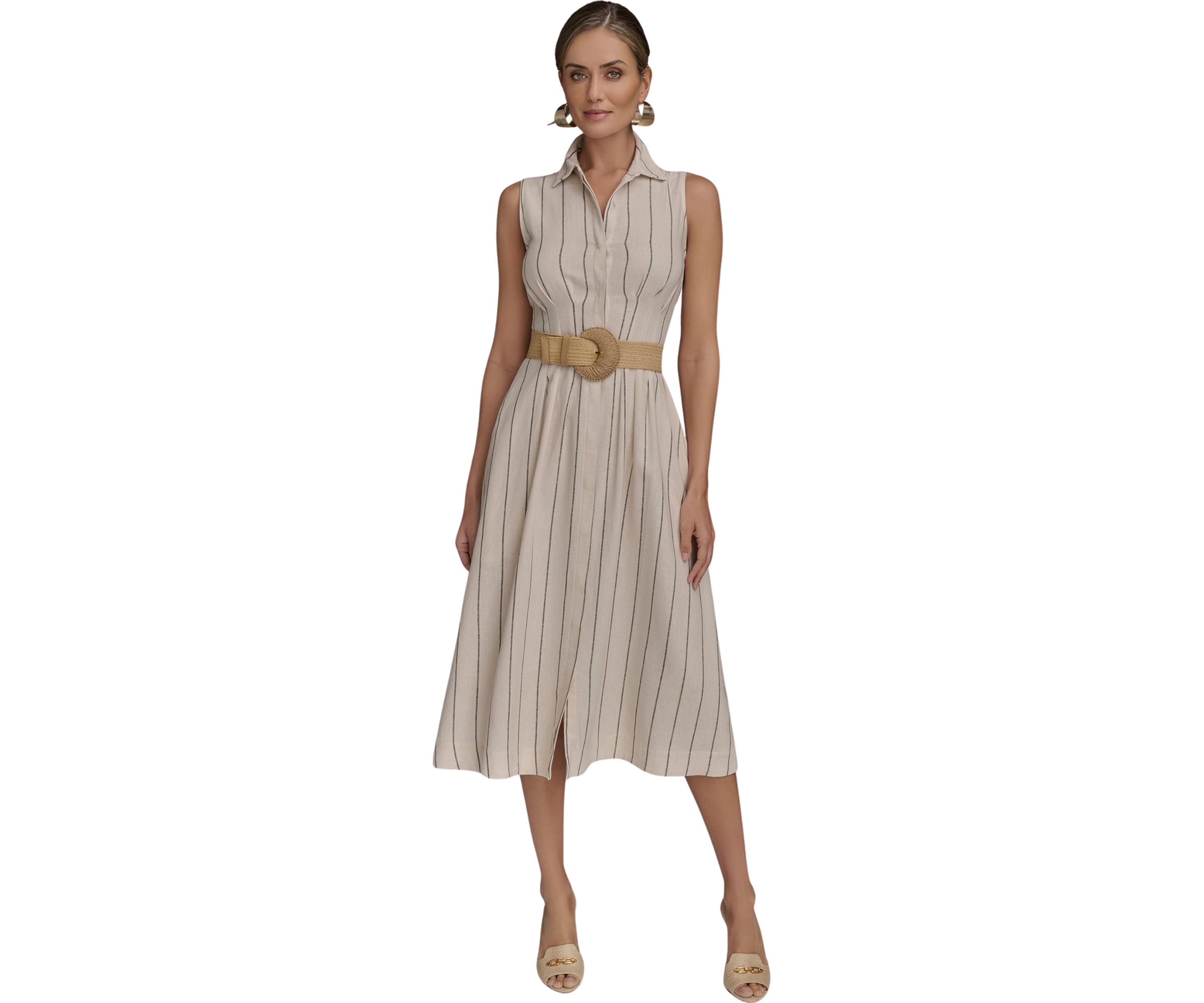Womens Sleeveless Collar Neck Stripe Print Midi Dress