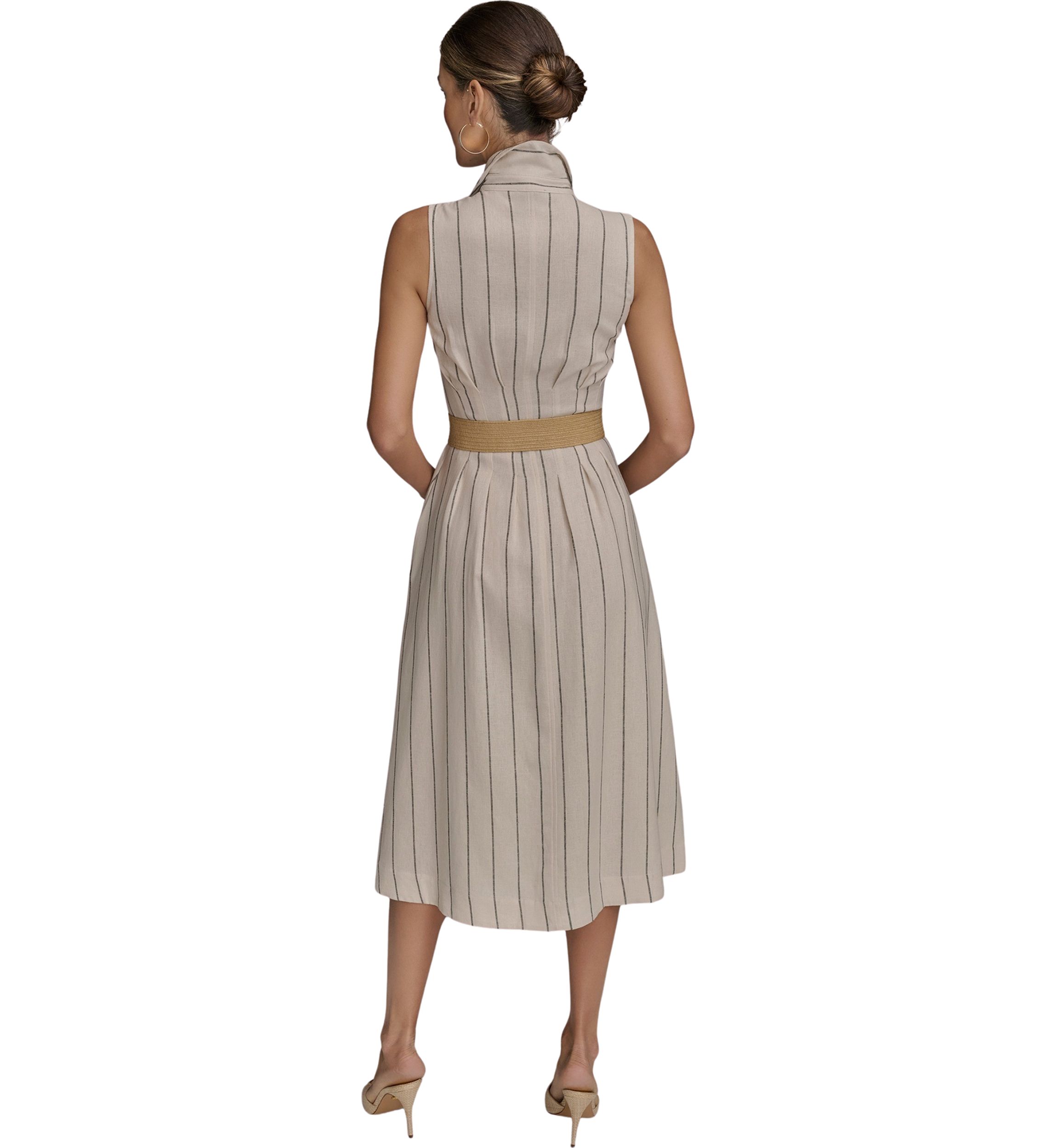 Womens Sleeveless Collar Neck Stripe Print Midi Dress