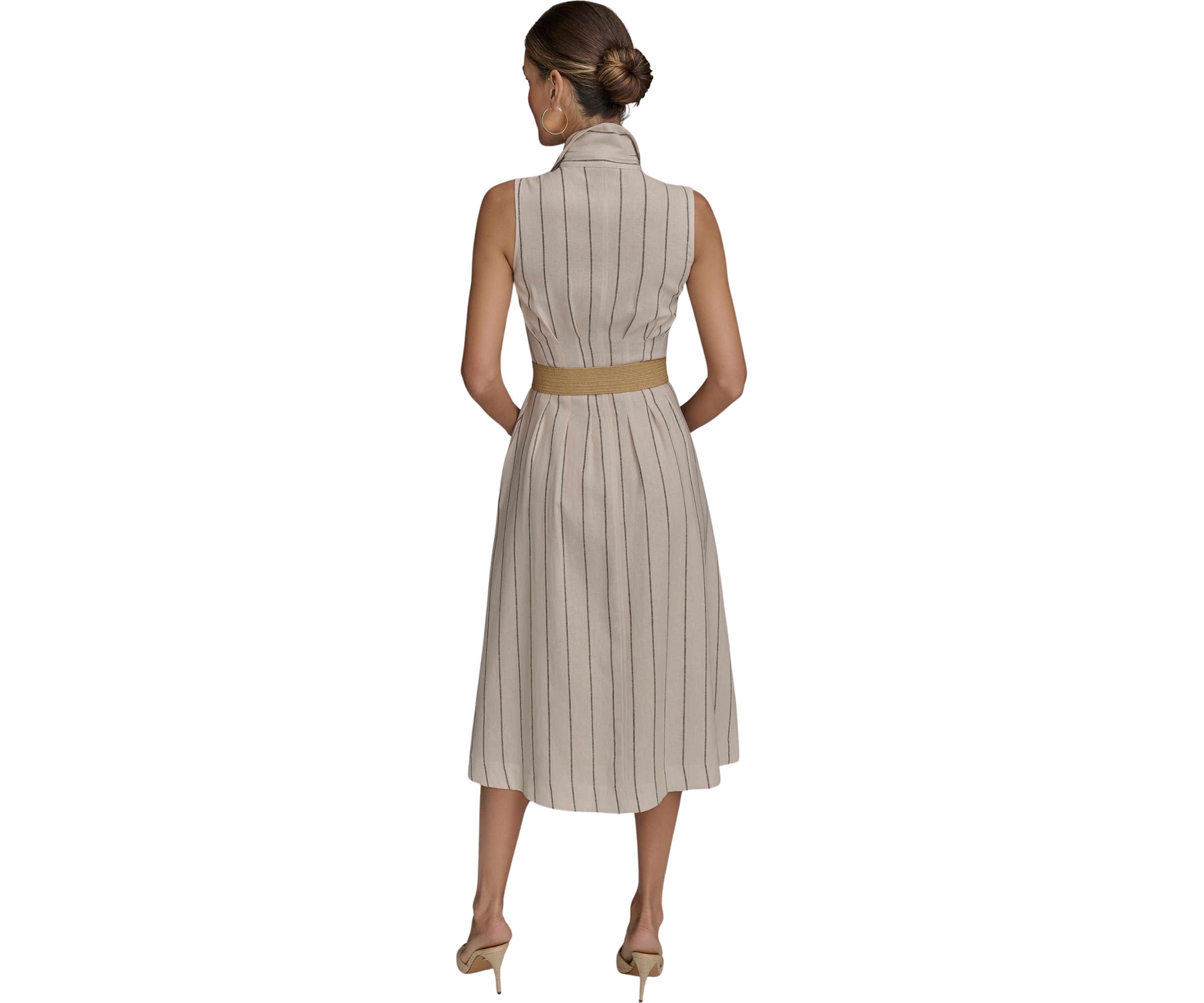Womens Sleeveless Collar Neck Stripe Print Midi Dress