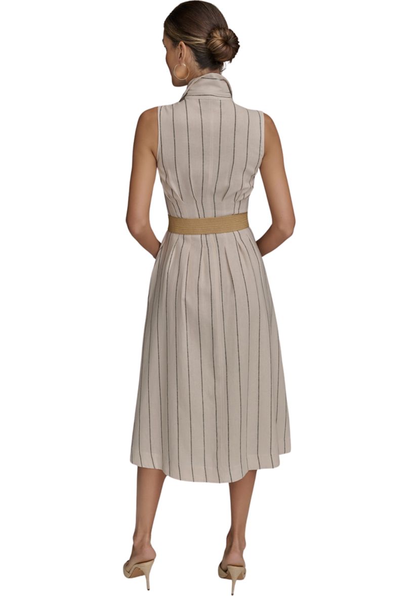 Womens Sleeveless Collar Neck Stripe Print Midi Dress