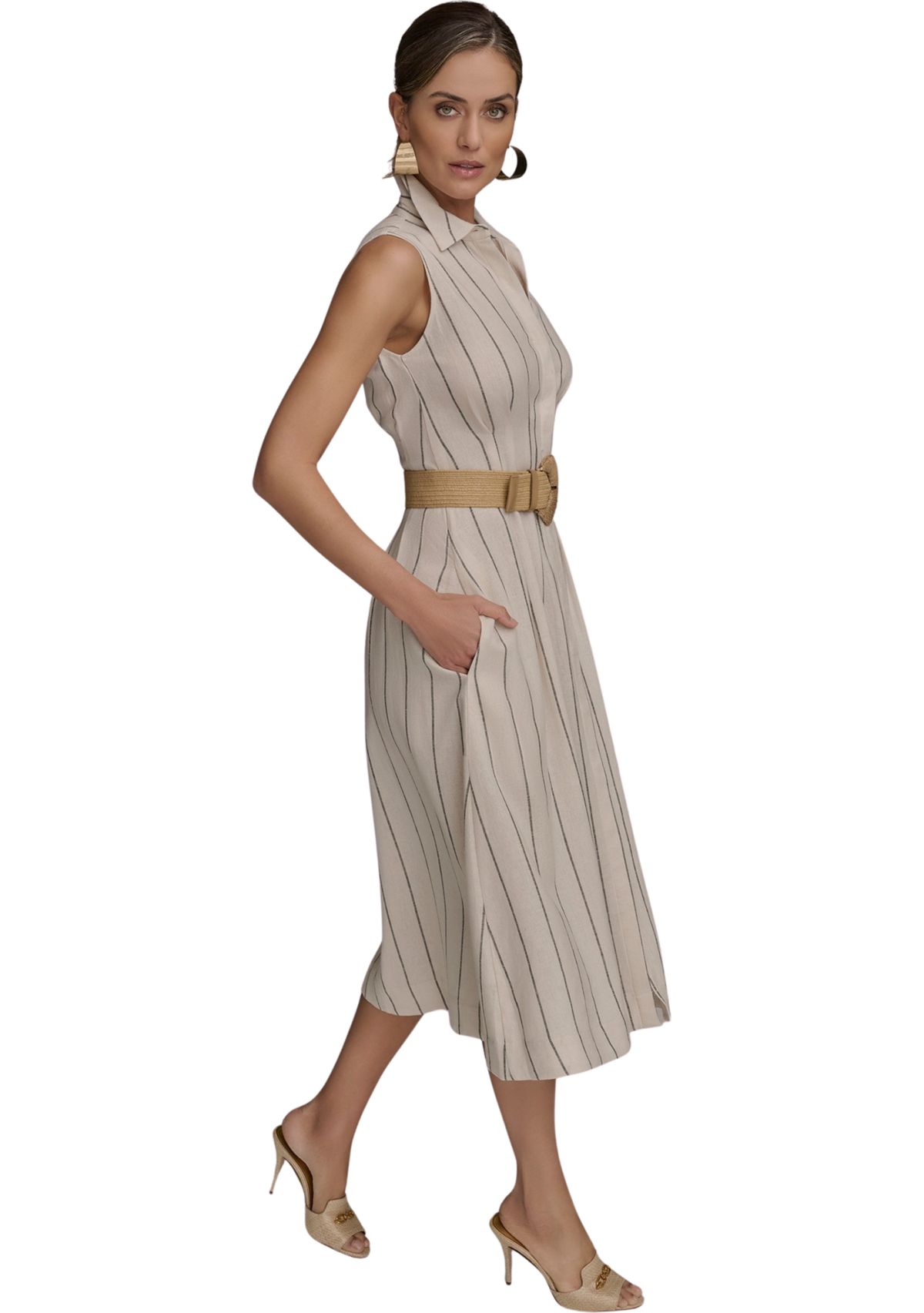 Womens Sleeveless Collar Neck Stripe Print Midi Dress