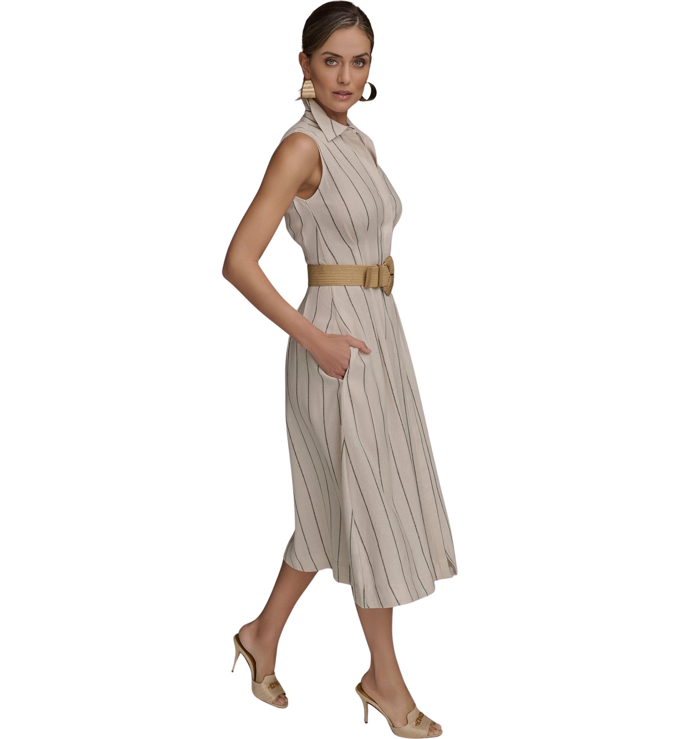 Womens Sleeveless Collar Neck Stripe Print Midi Dress