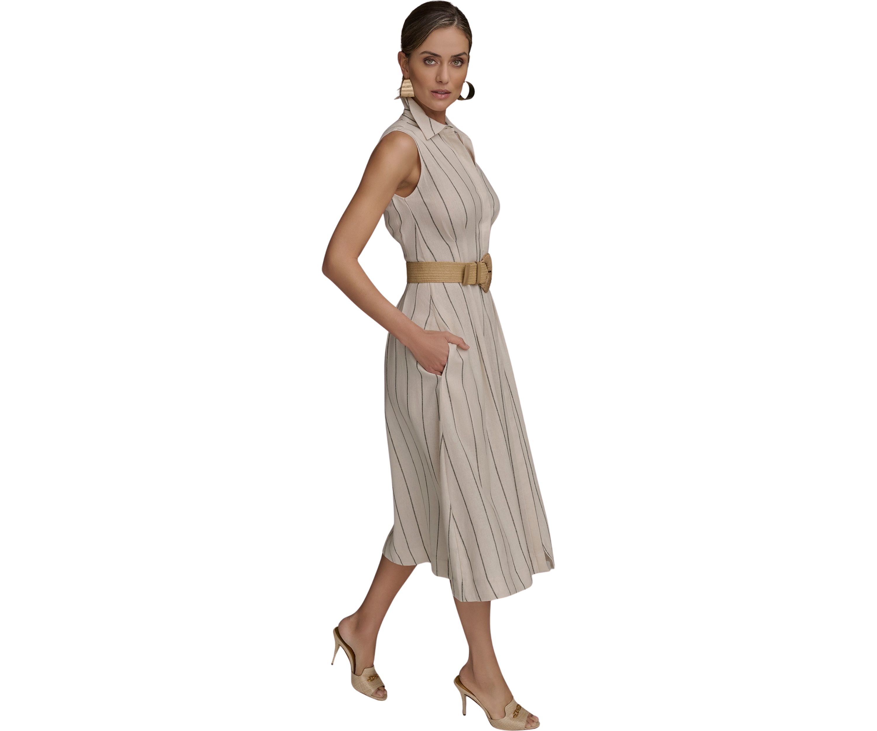 Womens Sleeveless Collar Neck Stripe Print Midi Dress