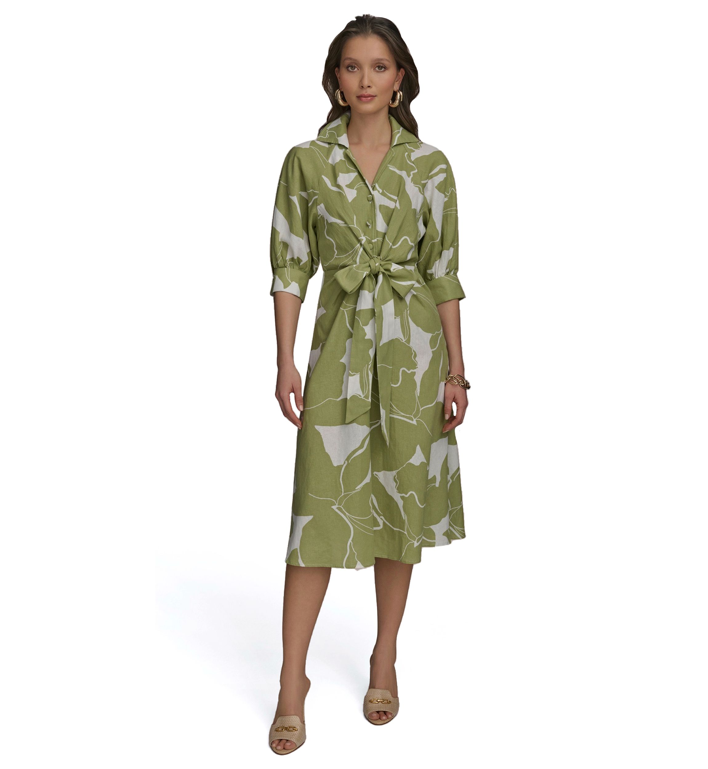 Womens 3/4 Collar Floral Printed Belted Fit and Flare Dress