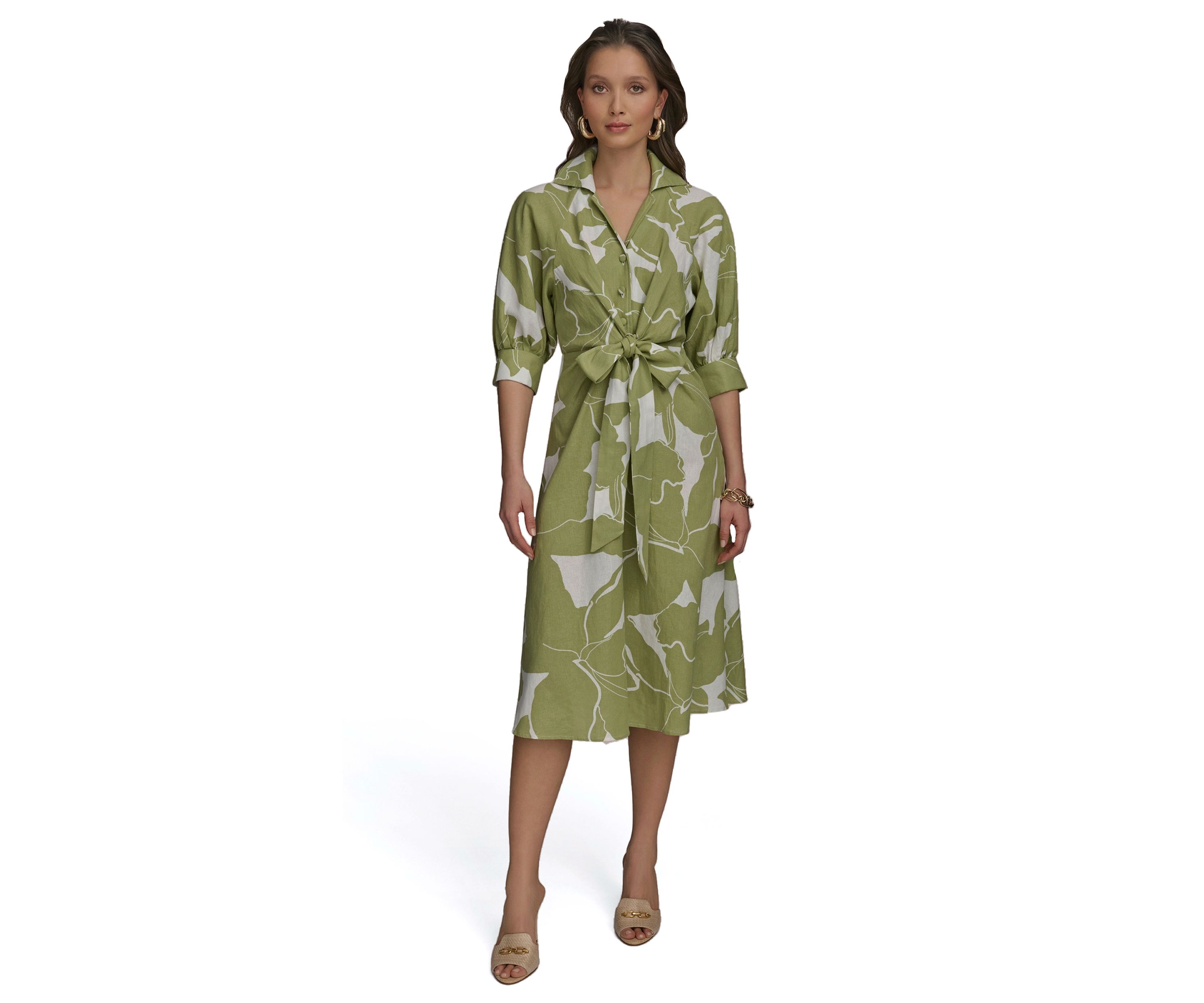Womens 3/4 Collar Floral Printed Belted Fit and Flare Dress