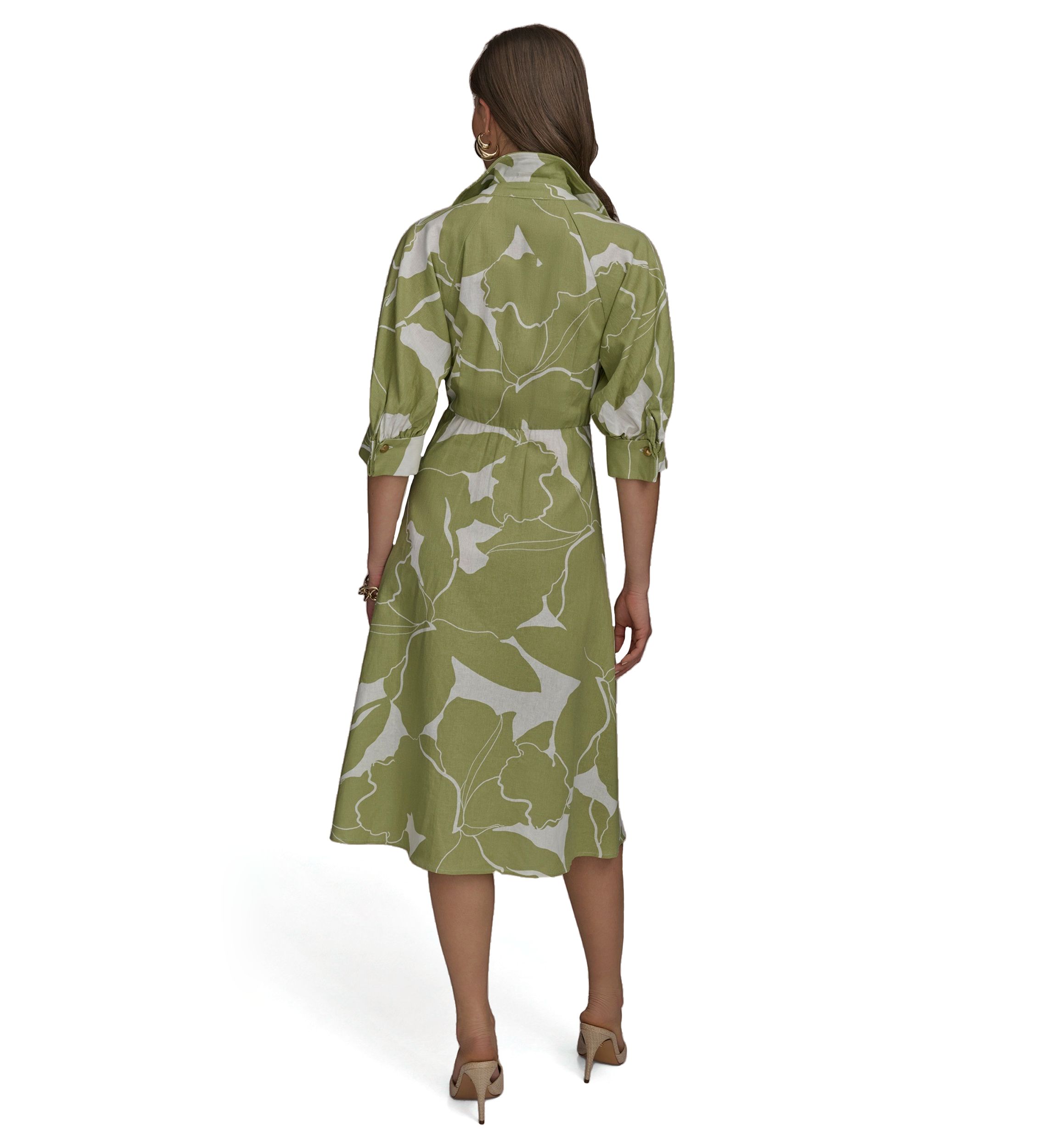 Womens 3/4 Collar Floral Printed Belted Fit and Flare Dress