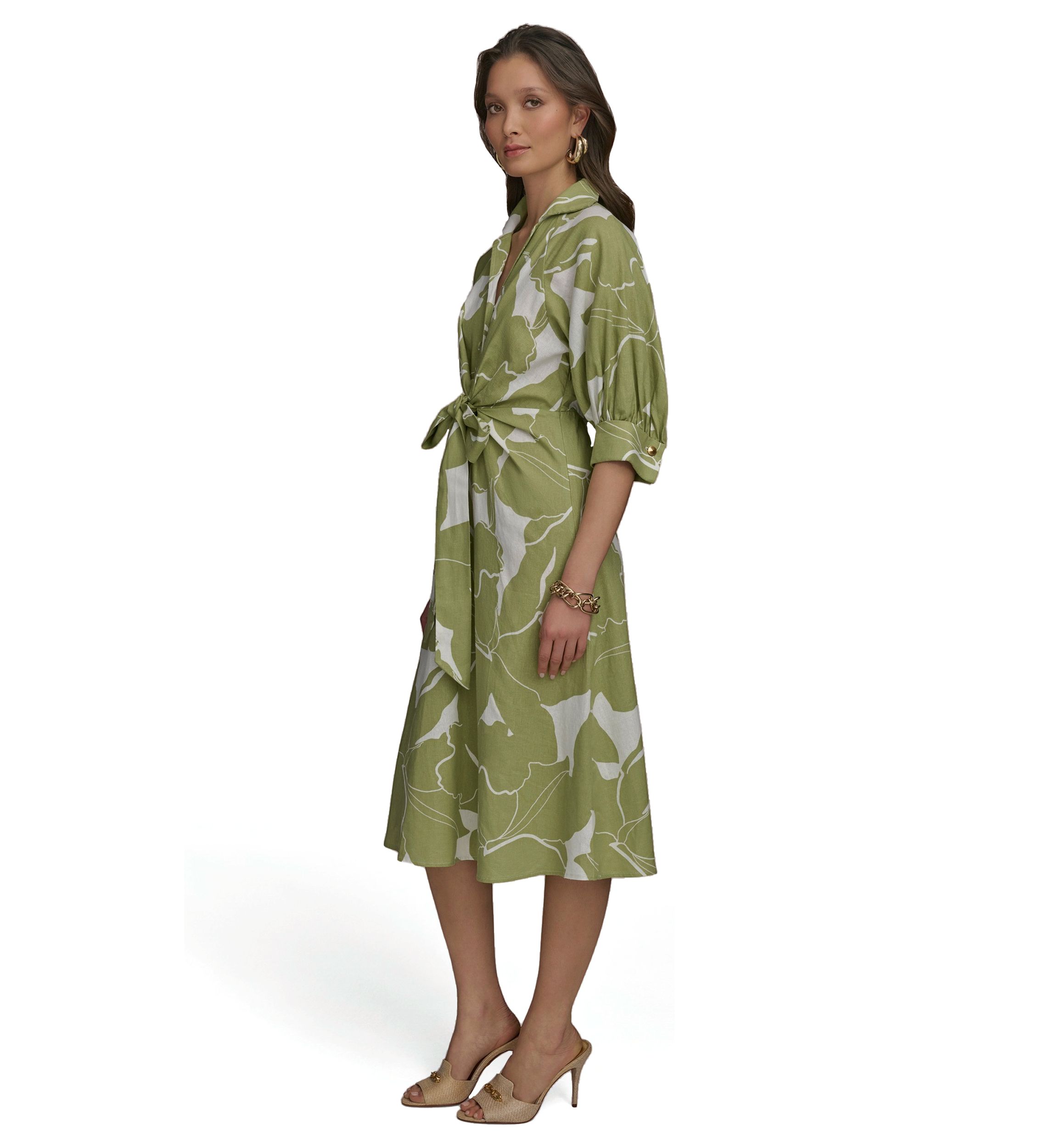 Womens 3/4 Collar Floral Printed Belted Fit and Flare Dress
