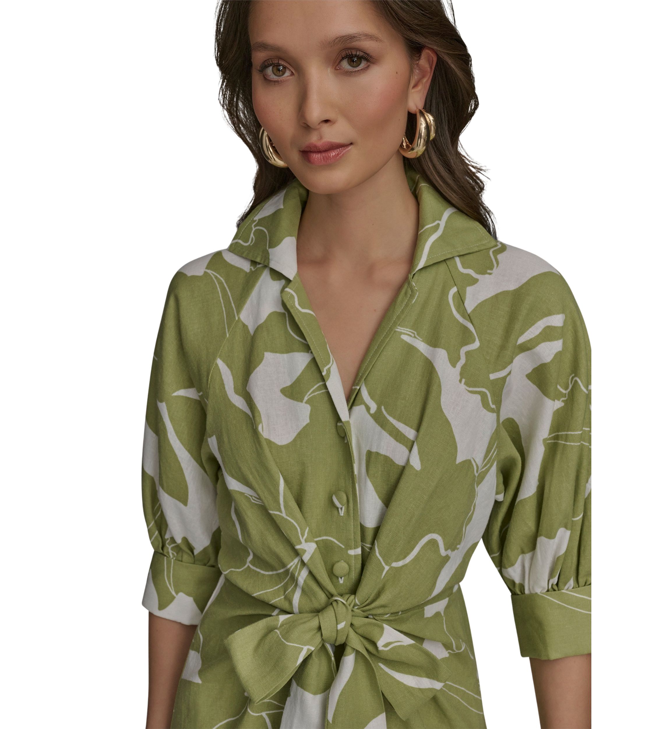 Womens 3/4 Collar Floral Printed Belted Fit and Flare Dress