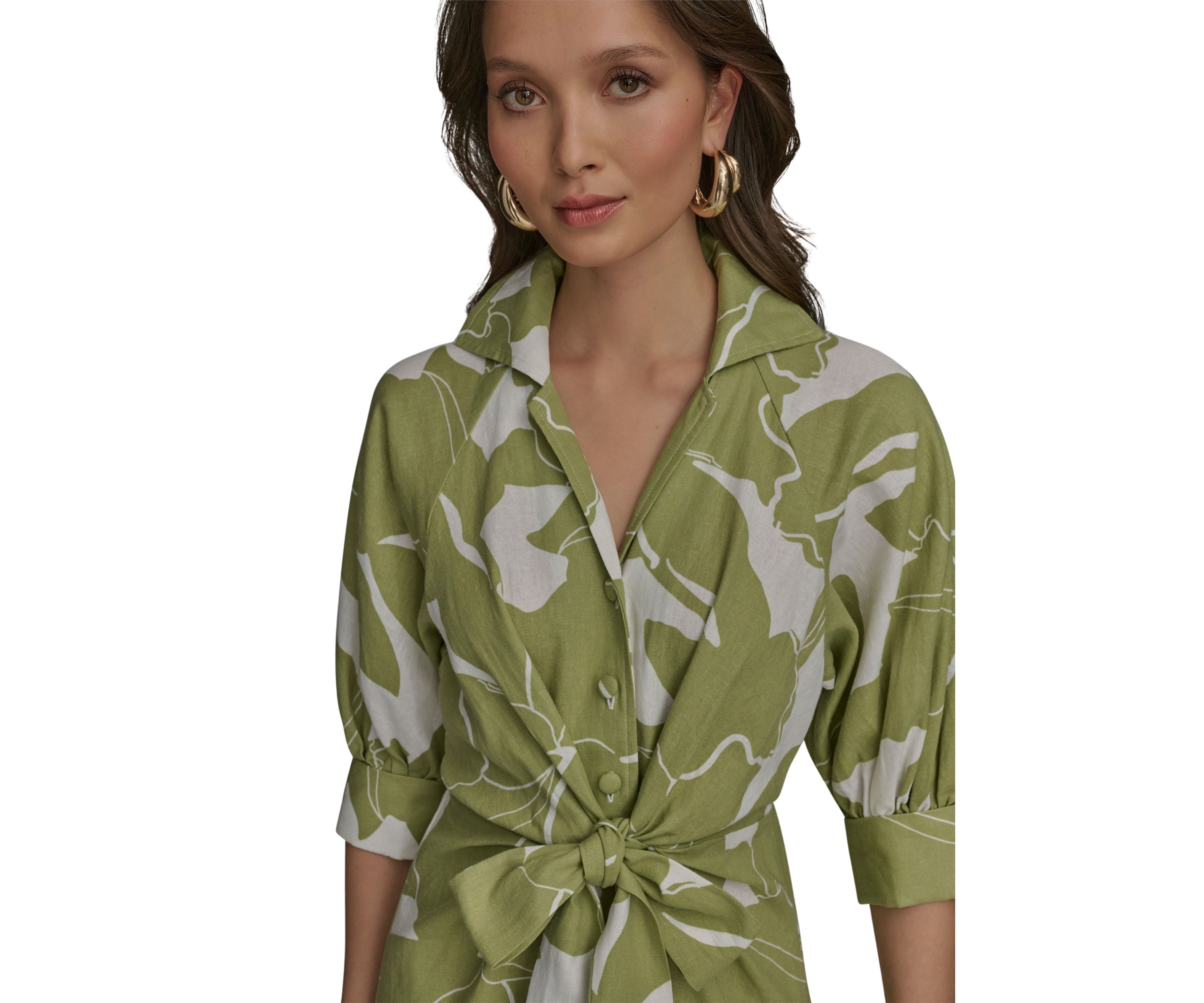 Womens 3/4 Collar Floral Printed Belted Fit and Flare Dress