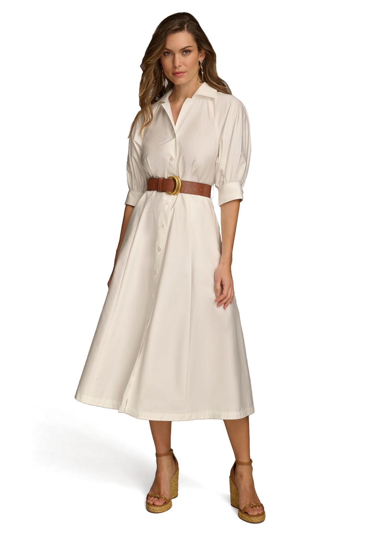 Womens Solid Belted Fit and Flare Shirtdress 