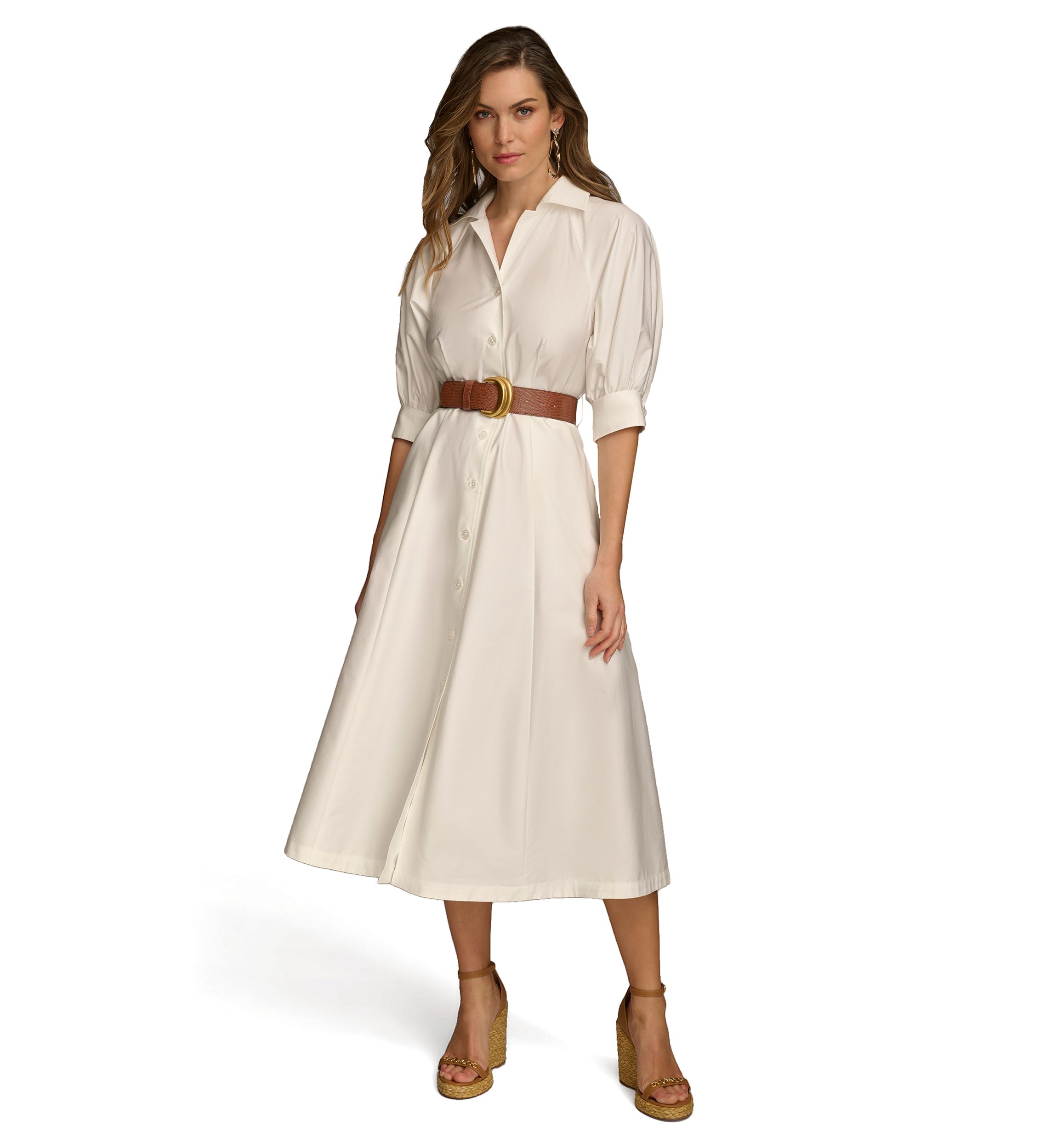 Womens Solid Belted Fit and Flare Shirtdress 