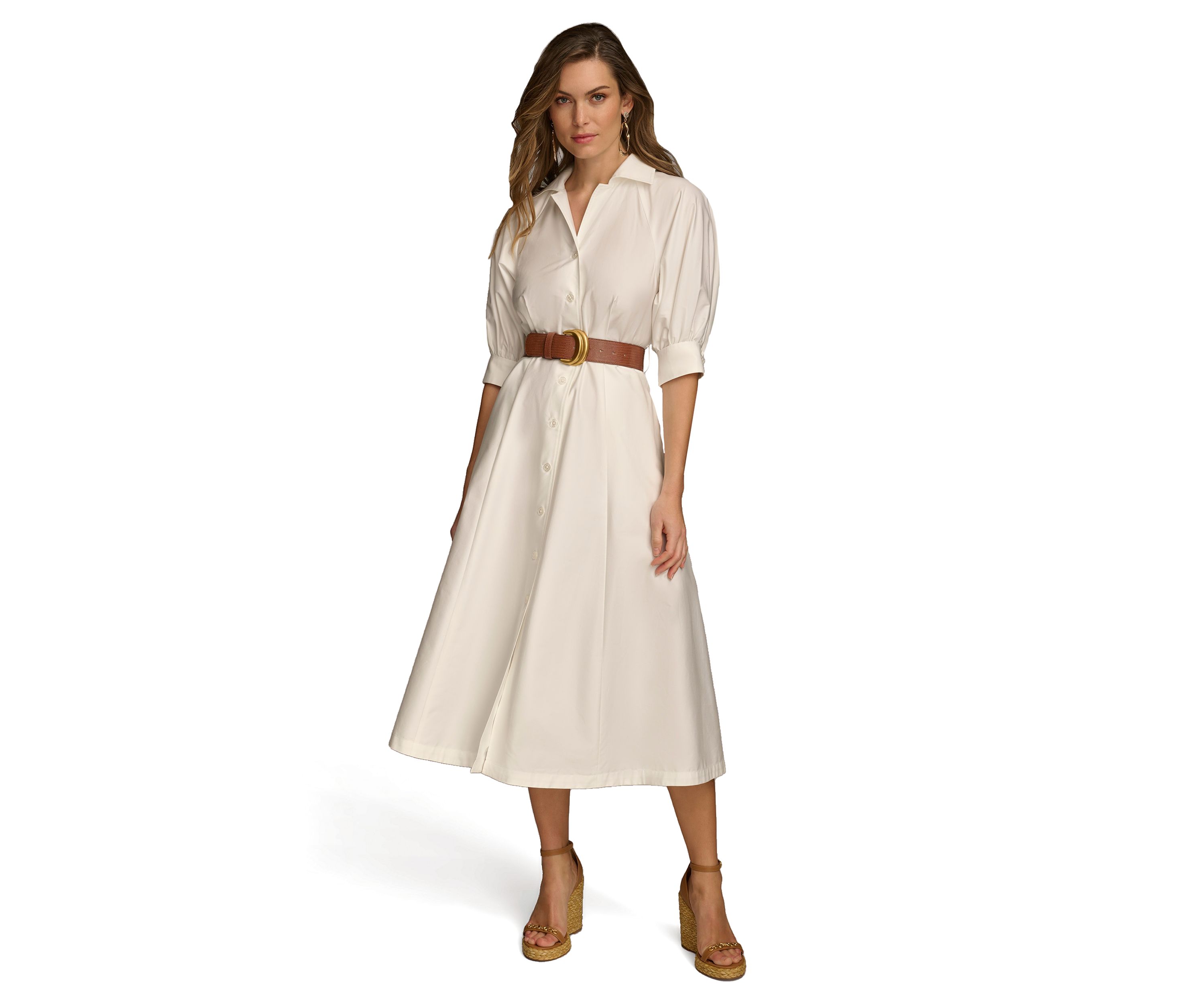 Womens Solid Belted Fit and Flare Shirtdress 