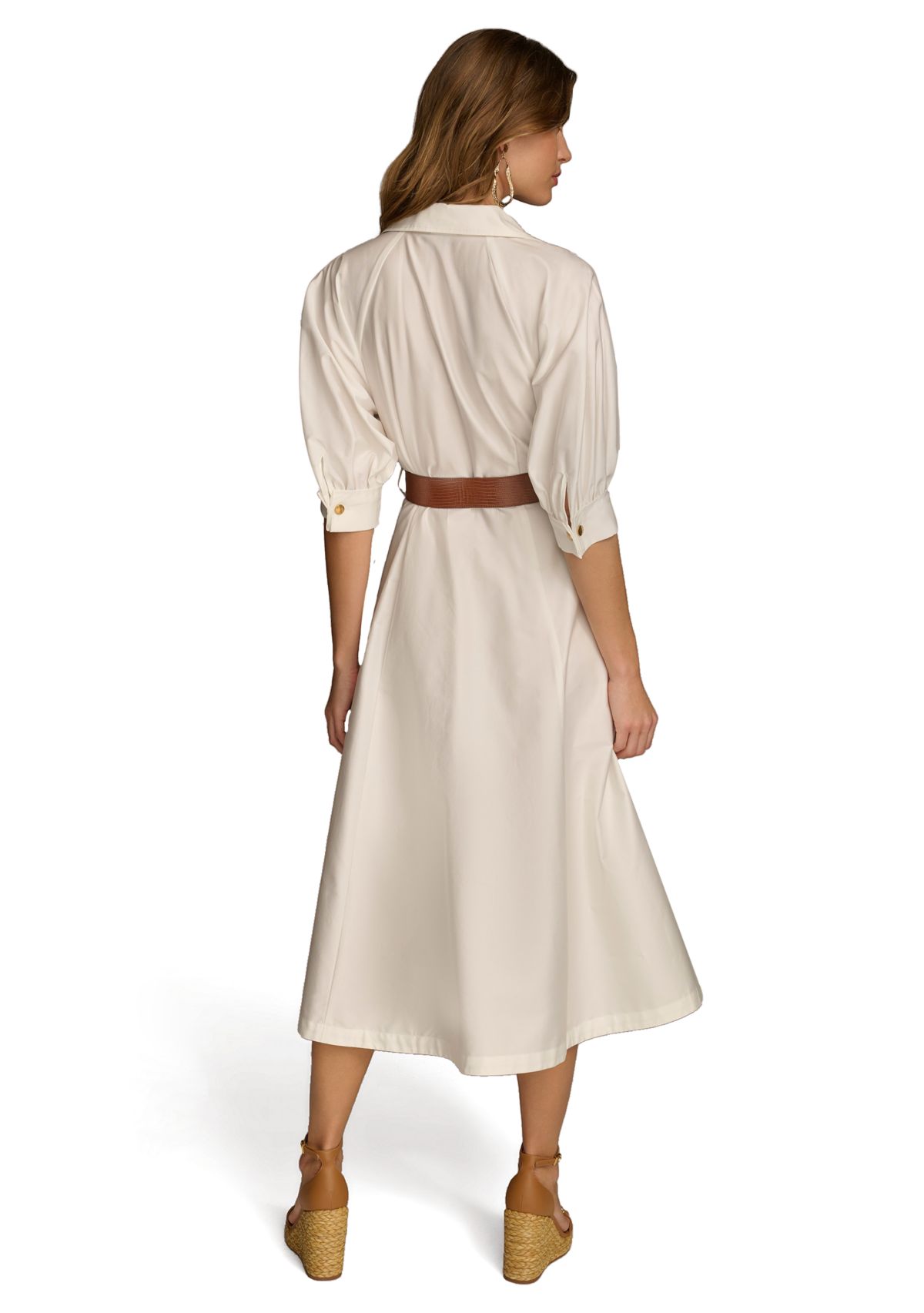 Womens Solid Belted Fit and Flare Shirtdress 