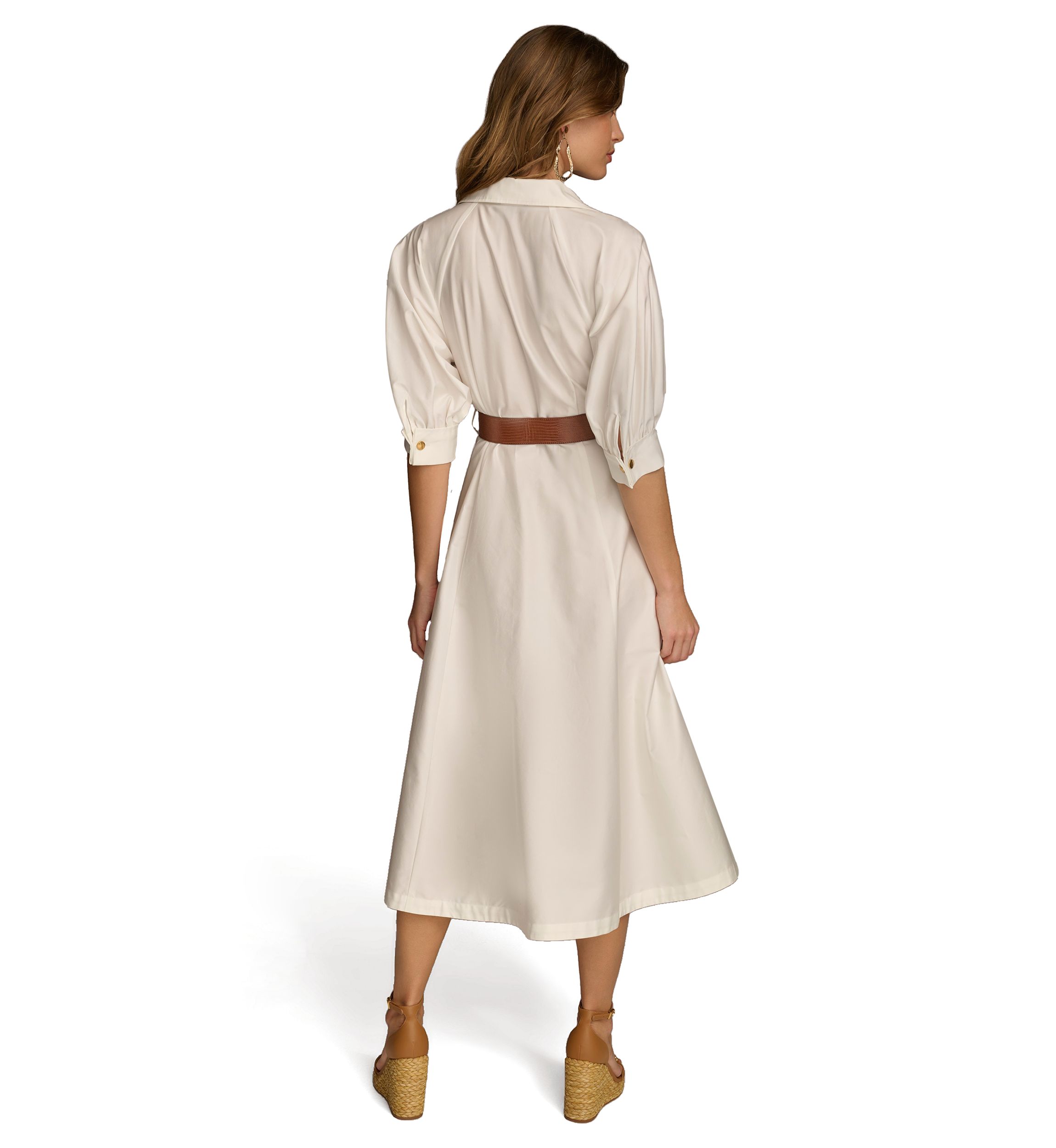 Womens Solid Belted Fit and Flare Shirtdress 