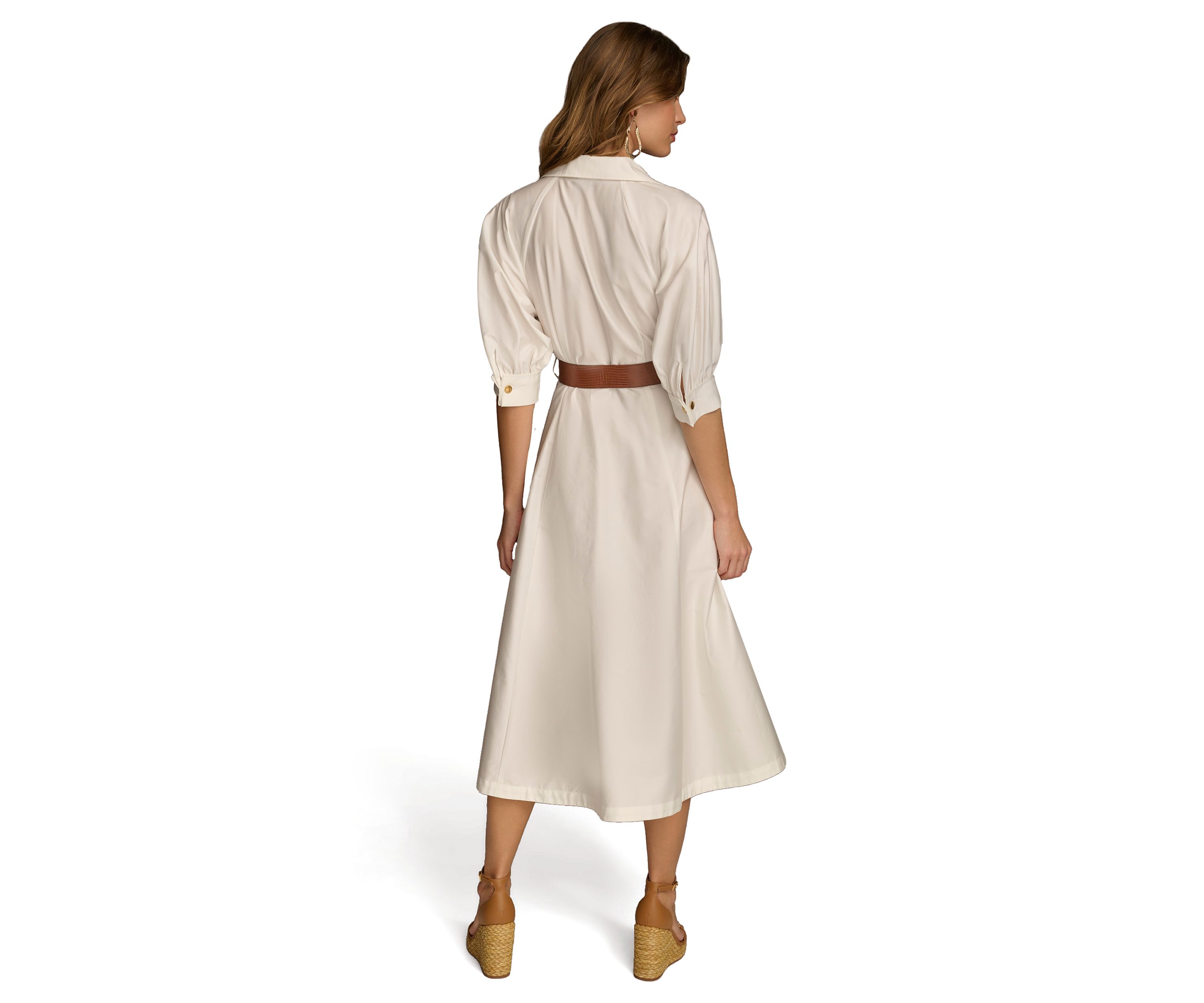 Womens Solid Belted Fit and Flare Shirtdress 