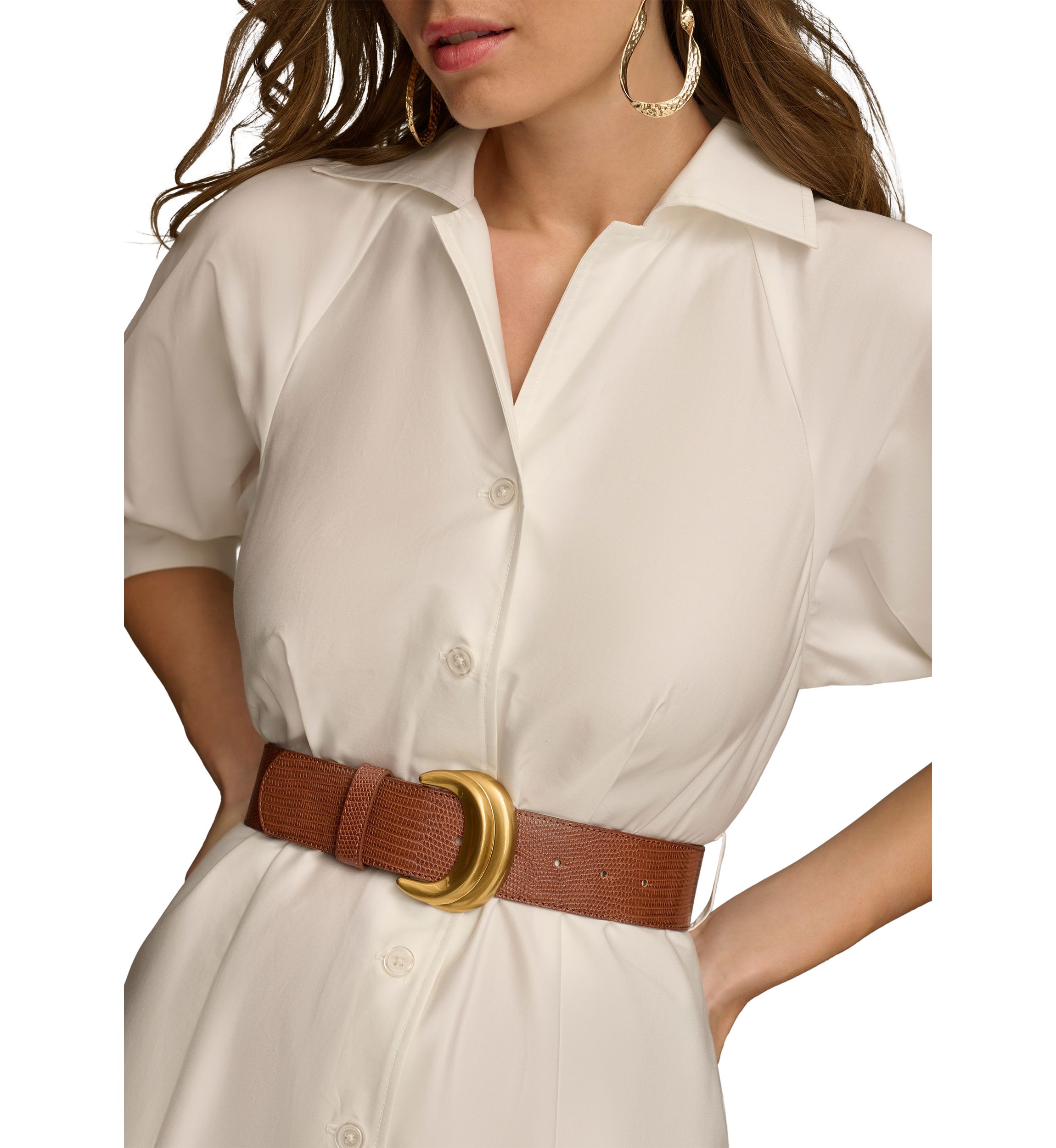 Womens Solid Belted Fit and Flare Shirtdress 