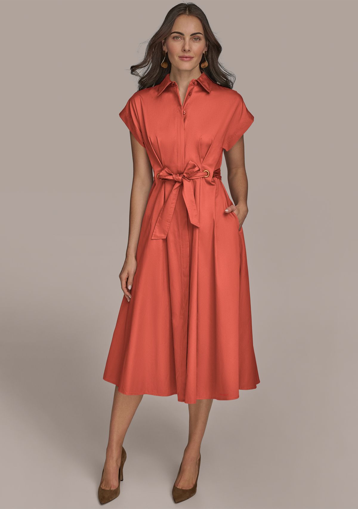 Womens Short Sleeve Collar Maxi Belted Dress 