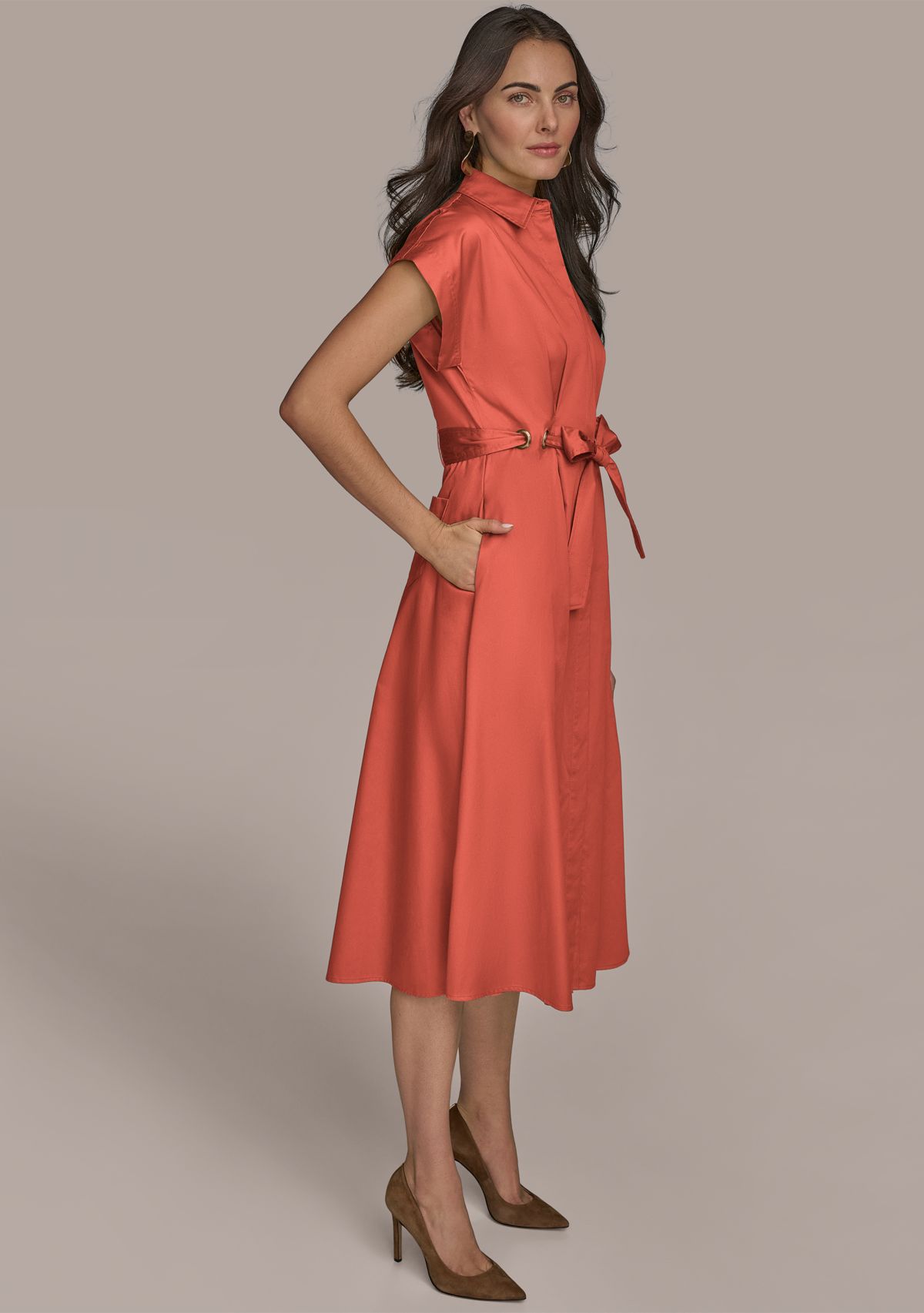 Womens Short Sleeve Collar Maxi Belted Dress 