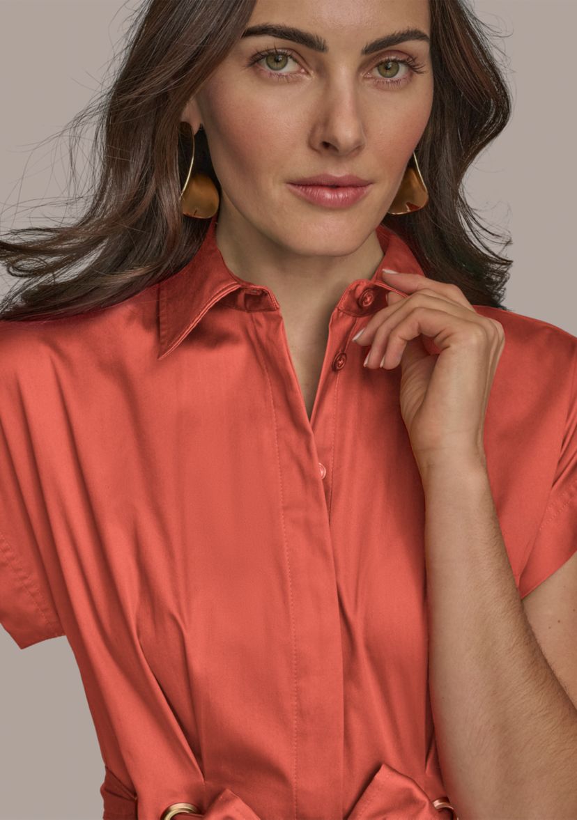 Womens Short Sleeve Collar Maxi Belted Dress 