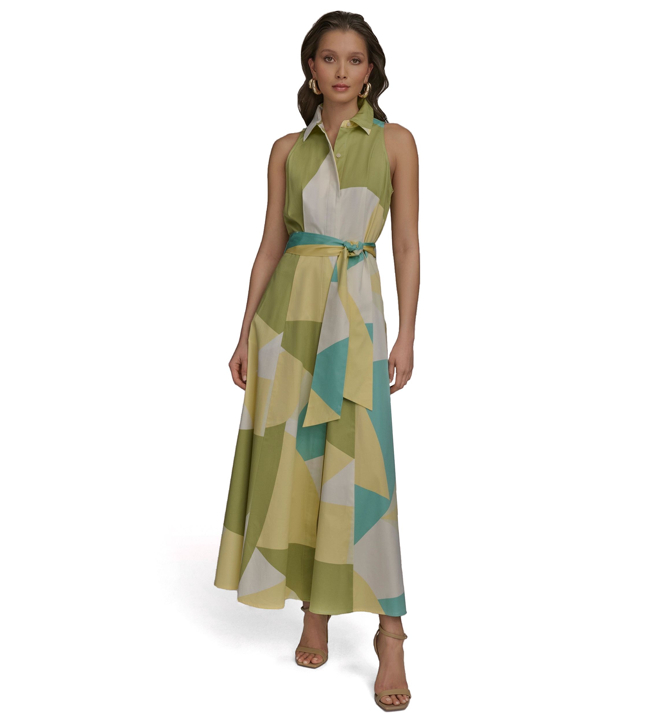 Womens Sleeveless Collar Geometric Print Belted Maxi Dress 