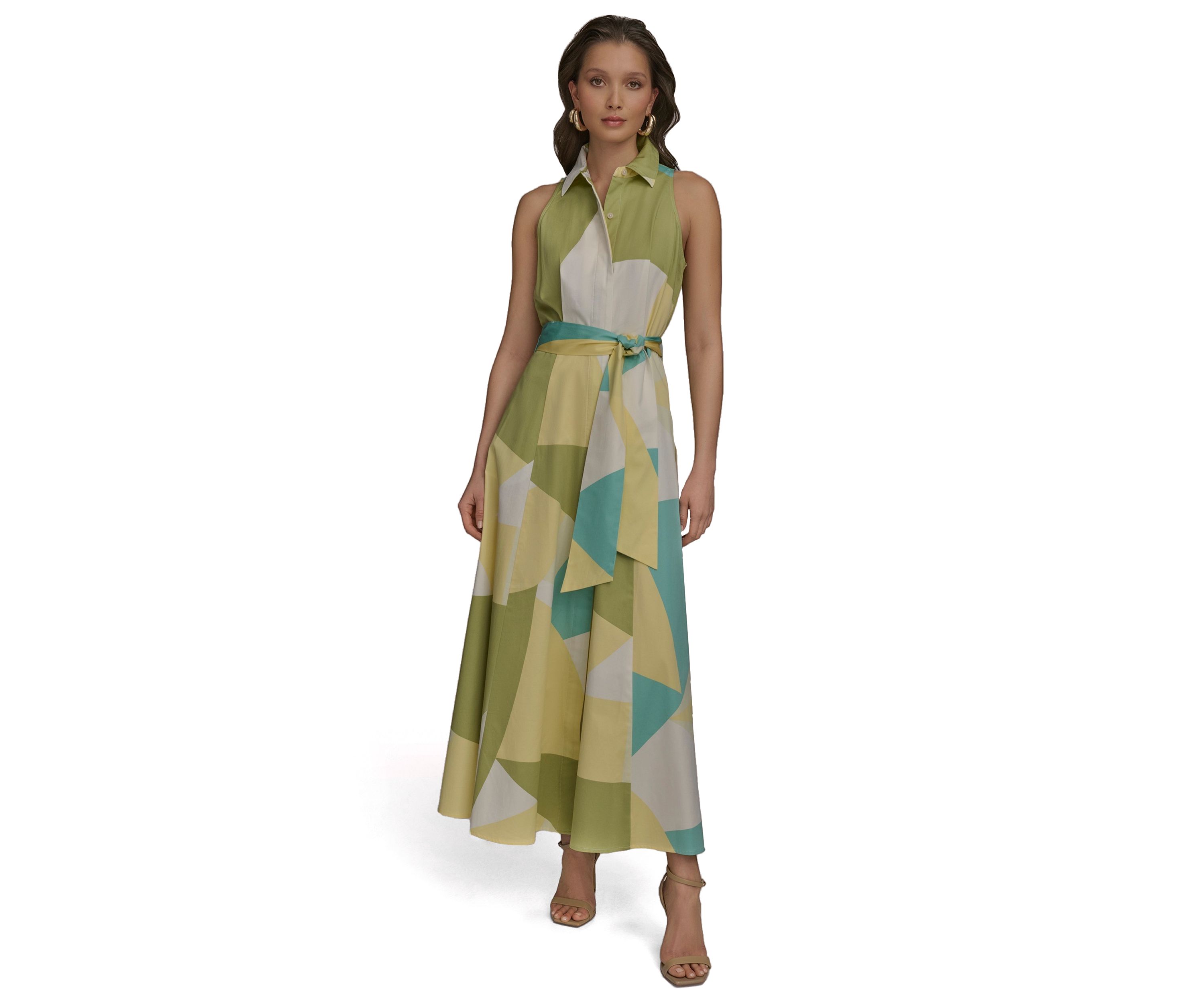 Womens Sleeveless Collar Geometric Print Belted Maxi Dress 