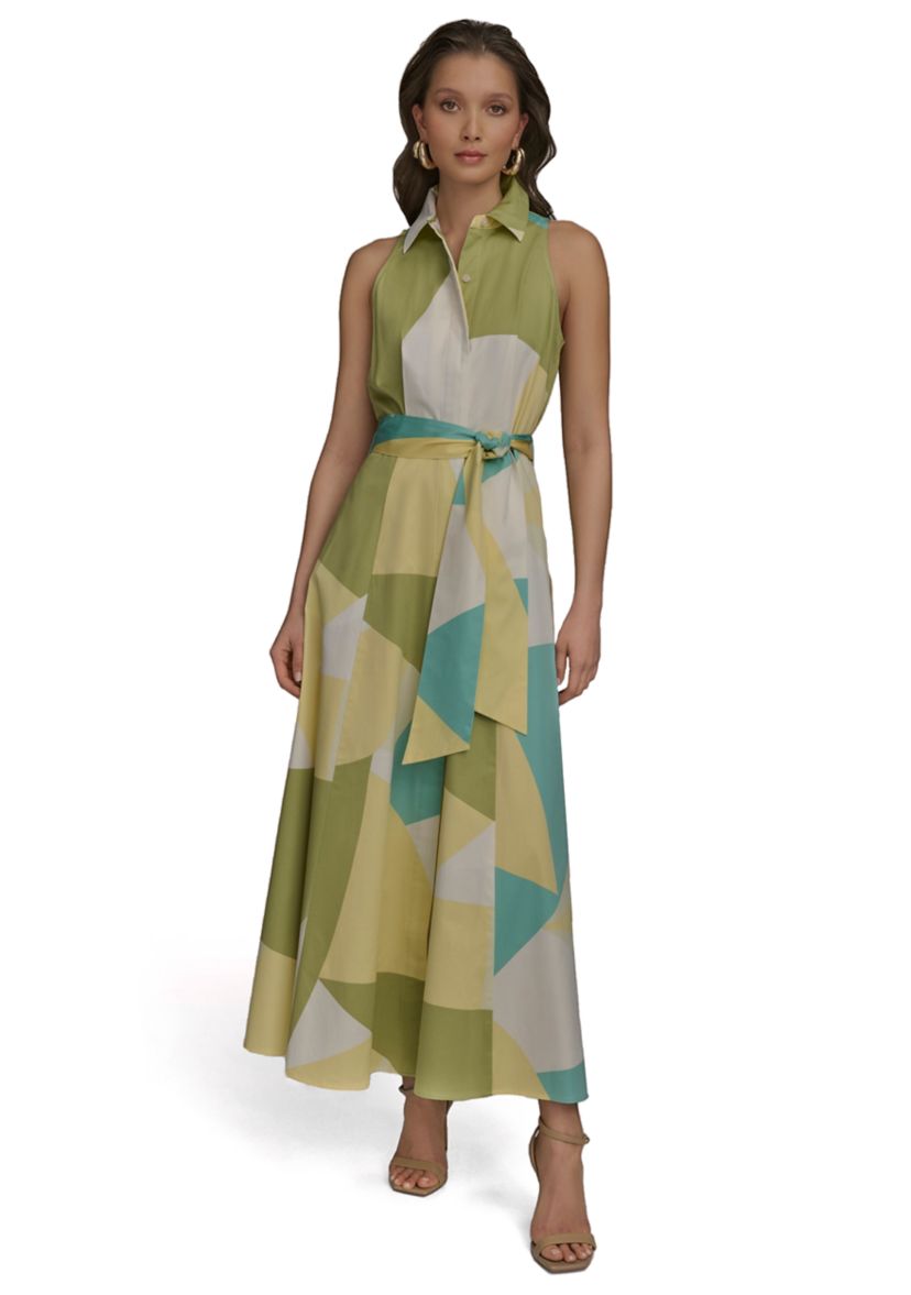 Womens Sleeveless Collar Geometric Print Belted Maxi Dress 