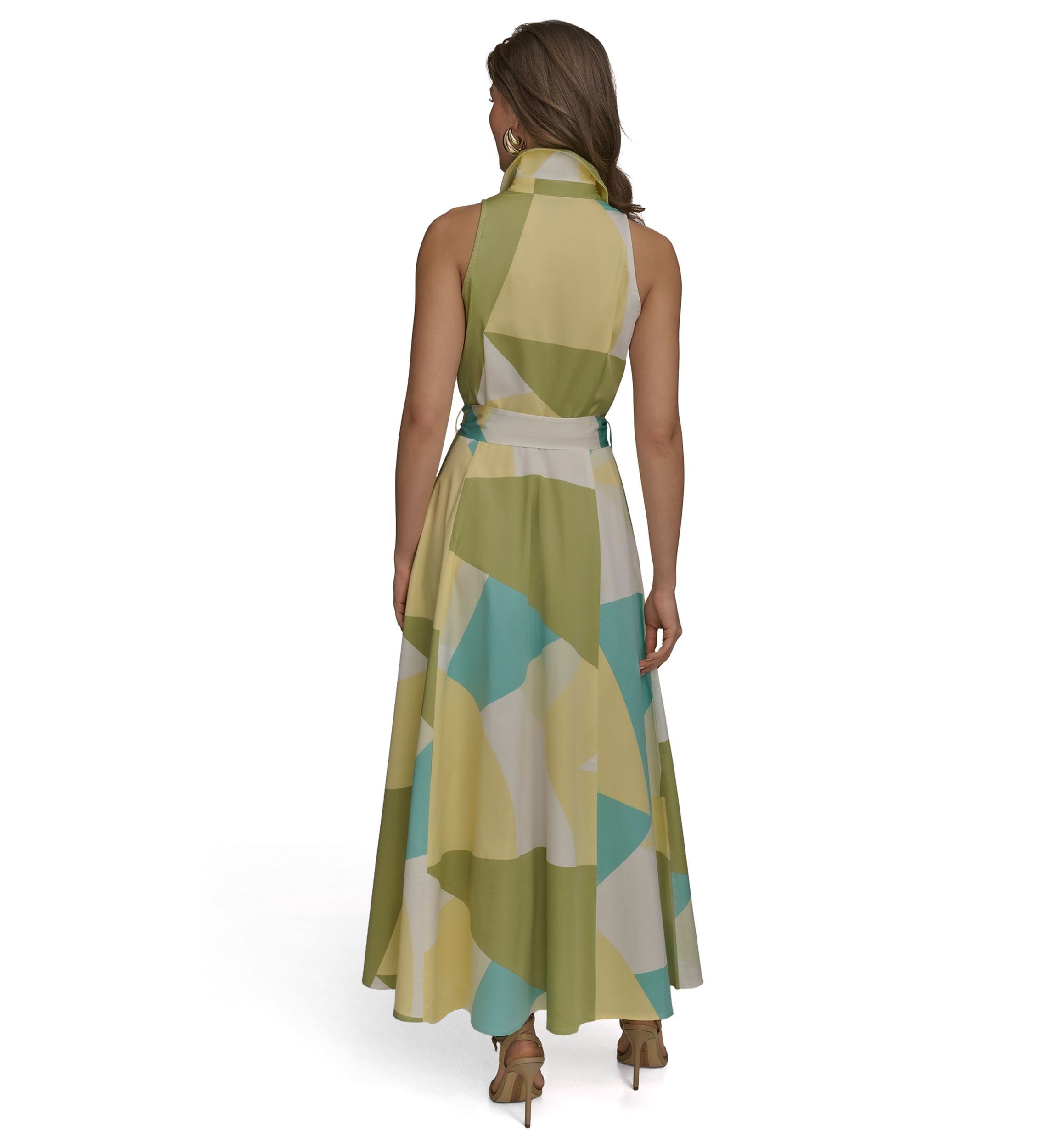 Womens Sleeveless Collar Geometric Print Belted Maxi Dress 