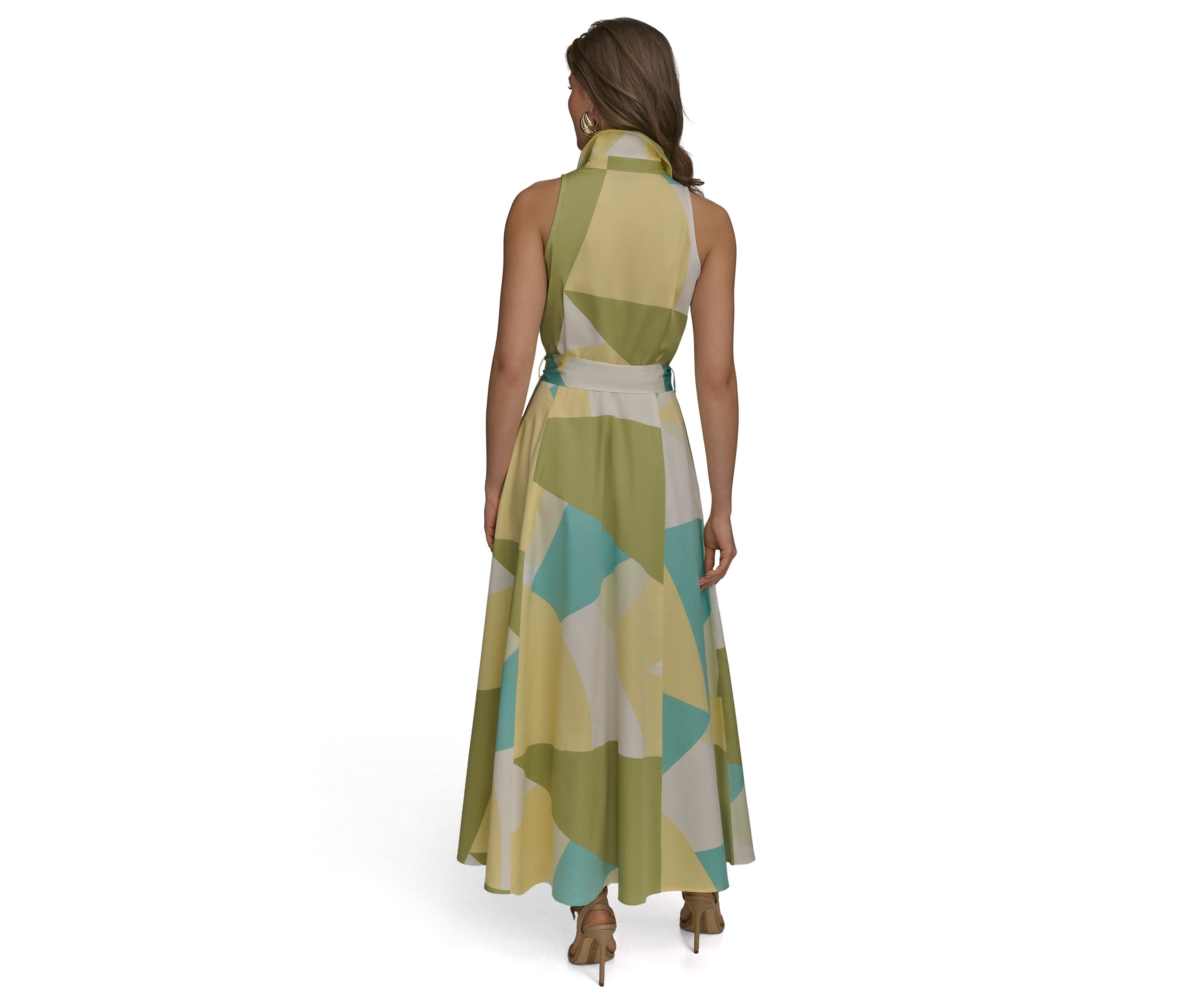 Womens Sleeveless Collar Geometric Print Belted Maxi Dress 