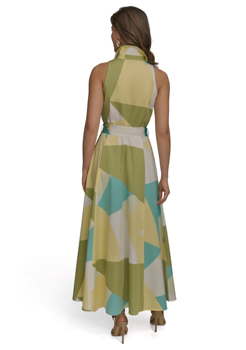 Womens Sleeveless Collar Geometric Print Belted Maxi Dress 