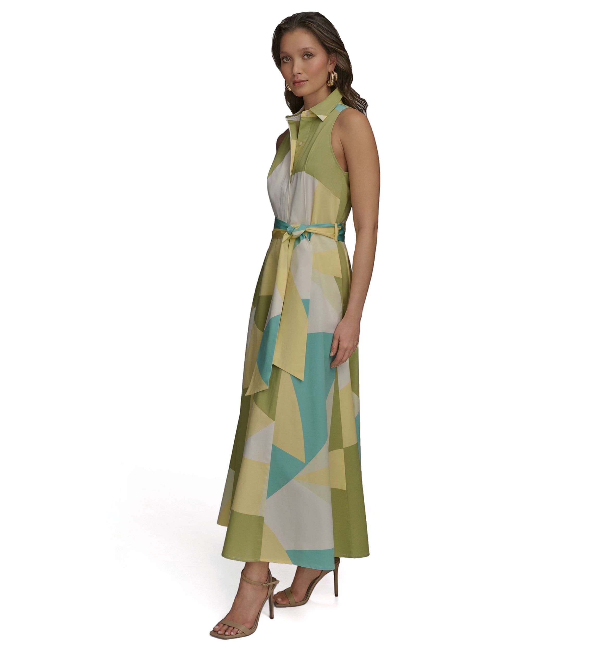 Womens Sleeveless Collar Geometric Print Belted Maxi Dress 