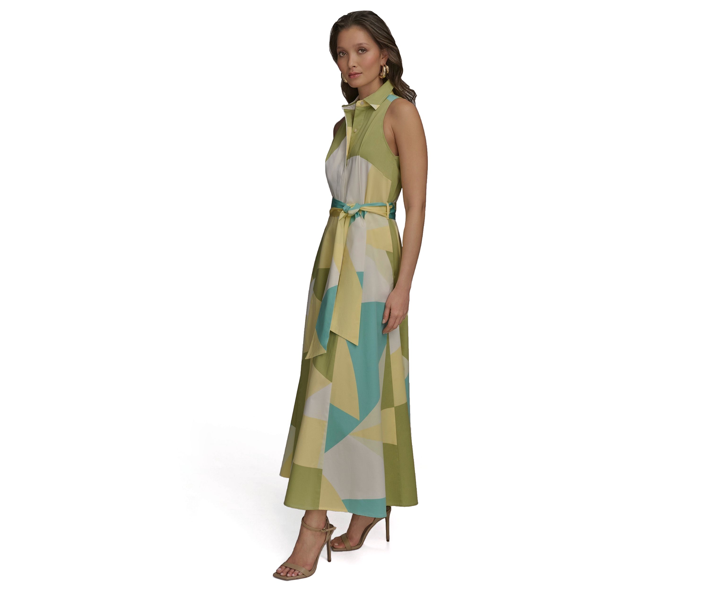 Womens Sleeveless Collar Geometric Print Belted Maxi Dress 