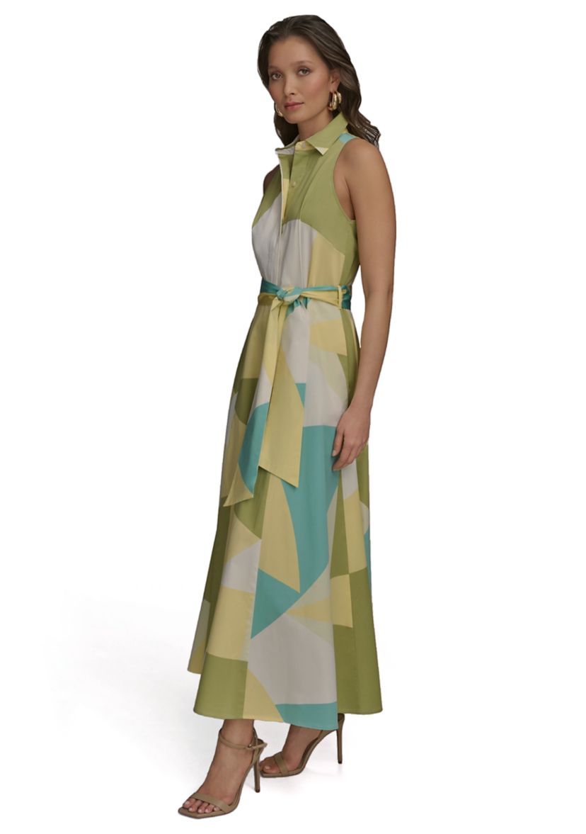 Womens Sleeveless Collar Geometric Print Belted Maxi Dress 
