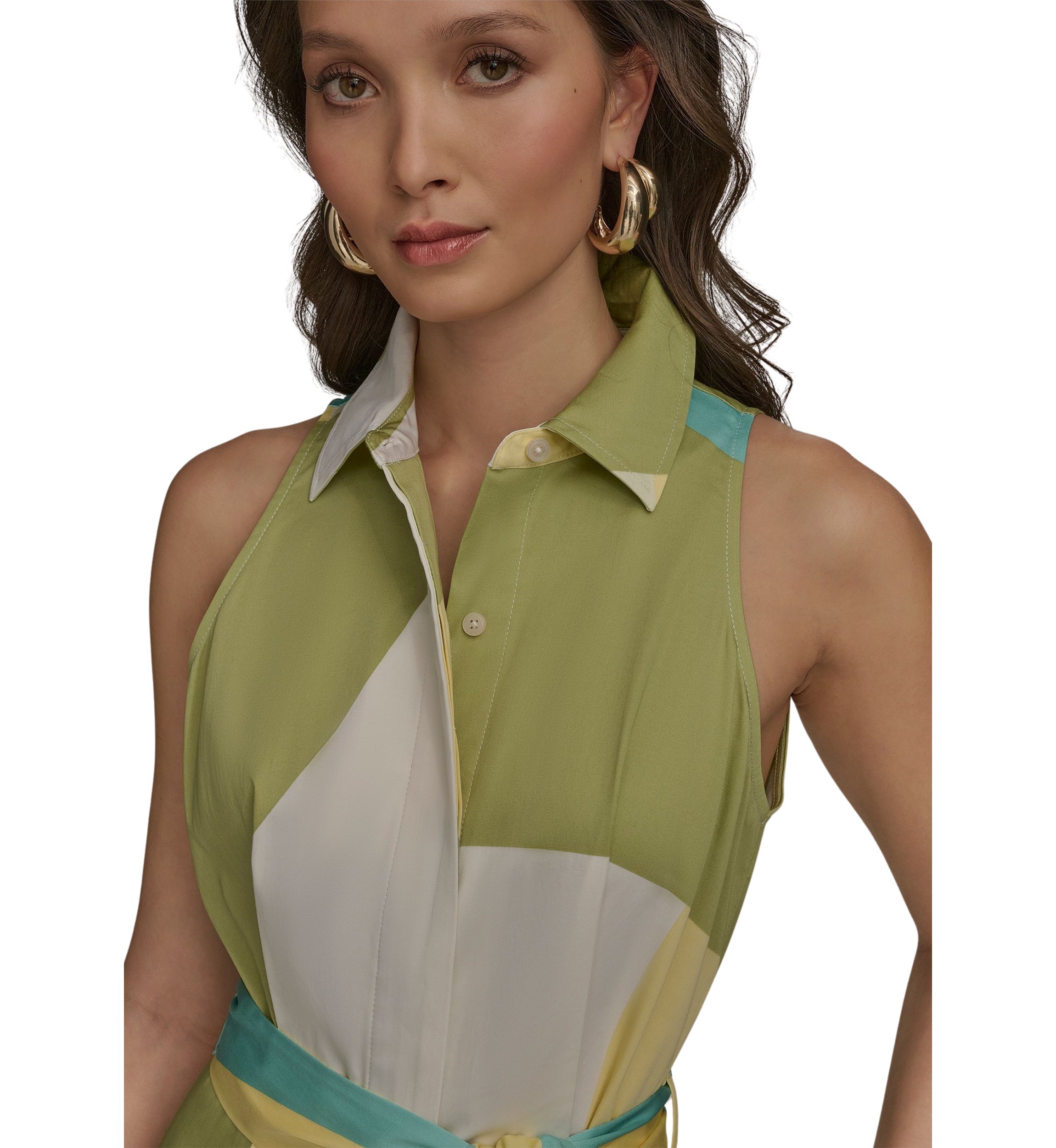 Womens Sleeveless Collar Geometric Print Belted Maxi Dress 